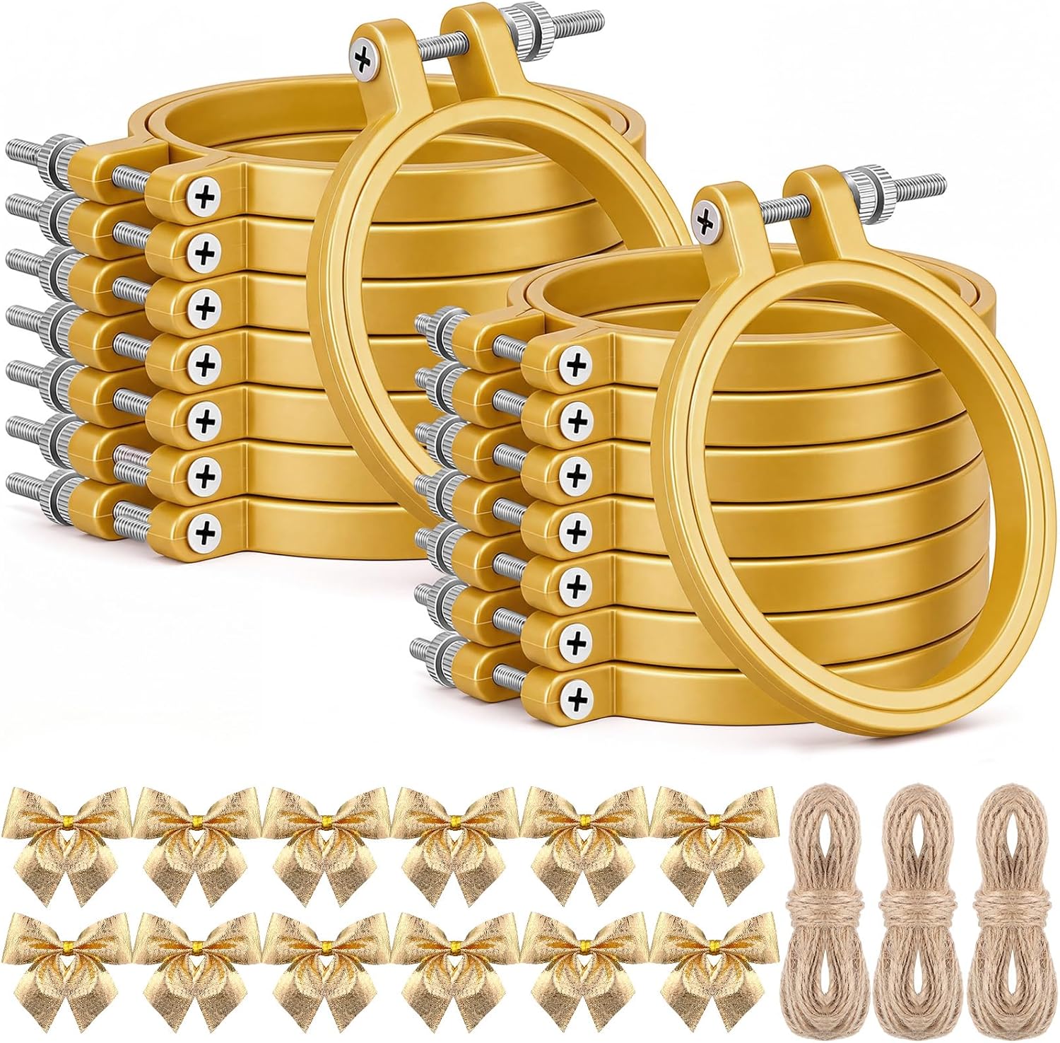 Knitgrip 35 Pcs 3 in Christmas Ornament Kit Including Plastic Embroidery Hoop Adjustable Circle Cross Stitch Hoop Ring Mini Gold Bows and Bundles Twine for Wall Decoration (Gold)