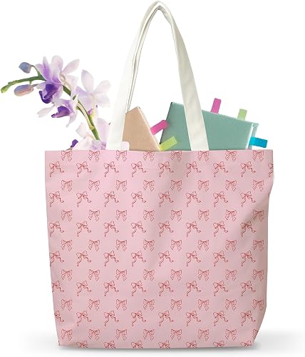 Bow Tote Bag, Pink Bow Canvas Tote Bags For Women, Gifts For Pink Lovers, Cute Preppy Travel Handbags For Family Friends, Grocery Shopping Handbag With Handles -f01