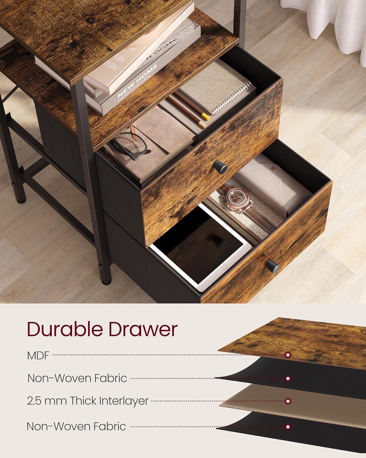 Close-up of VASAGLE nightstand fabric drawers with items inside
