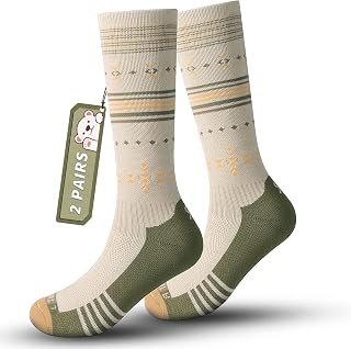 Kids Ski Socks Merino Wool Socks for Boys Girls, Kids Thermal Socks with OTC Stripes Design Thick Padded Knee High Warm Compression Socks for Cold Weather Outdoor Winter Sports