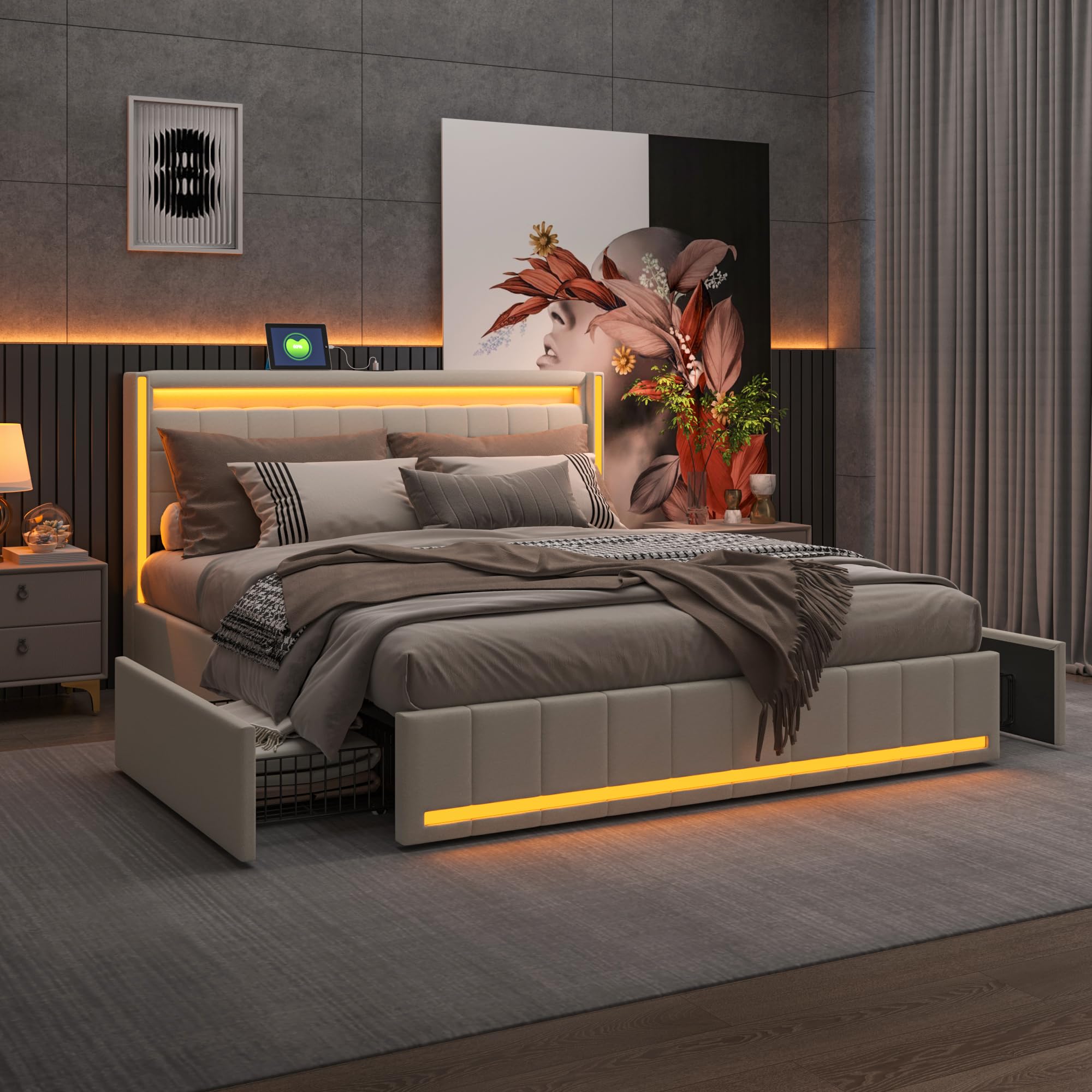 KeepGoon Letto matrimoniale 160 x 200 cm, letto imbottito con luci a LED, 4 cassetti in ferro e una porta di ricarica USB, telaio letto, tessuto di lino (beige)