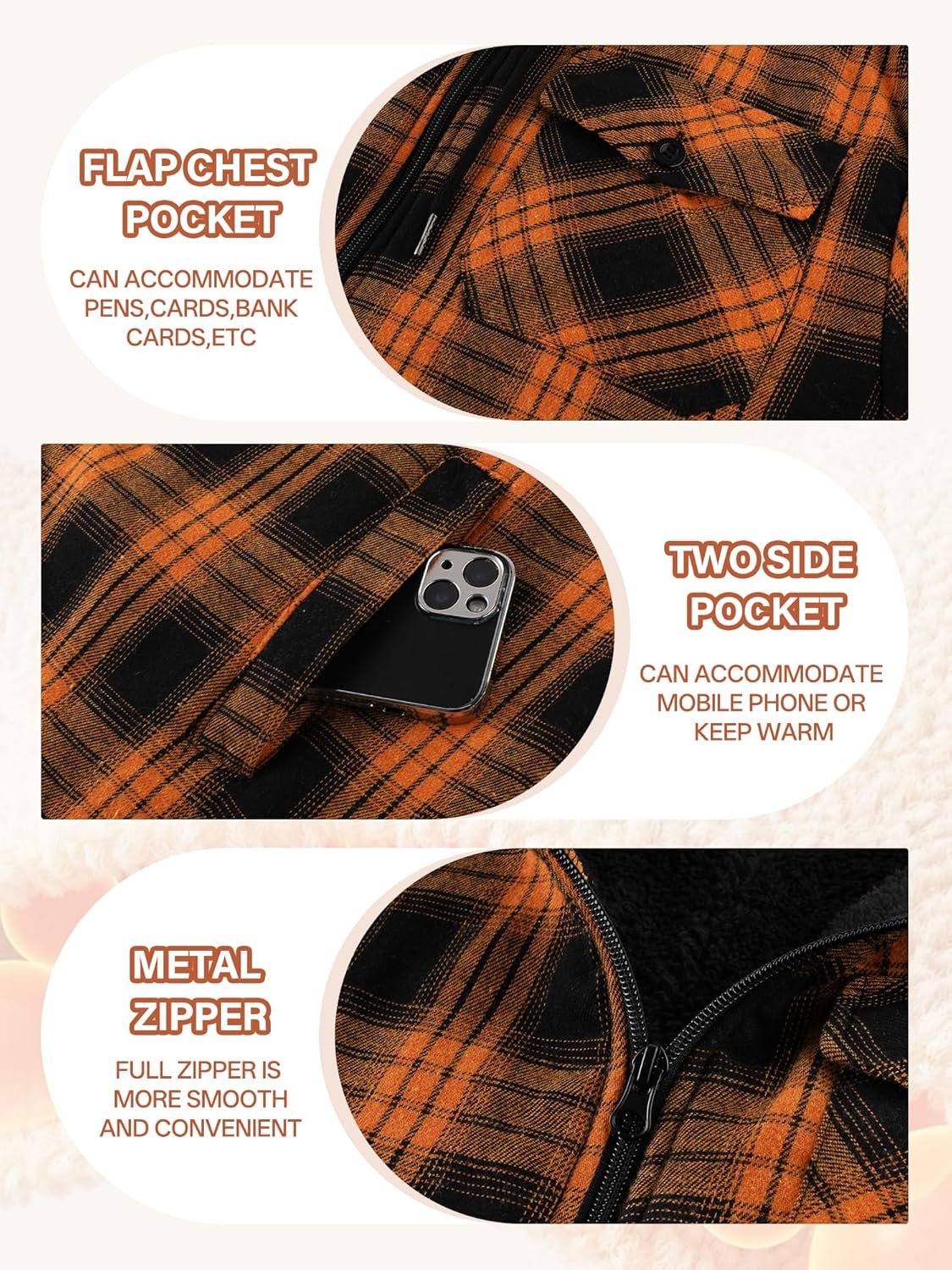 ZITY Mens Cotton Plaid Shirts Jacket Flannel Fleece Lined Hoodies Sherpa Zip Up Hoodie with Pocket - Image 6