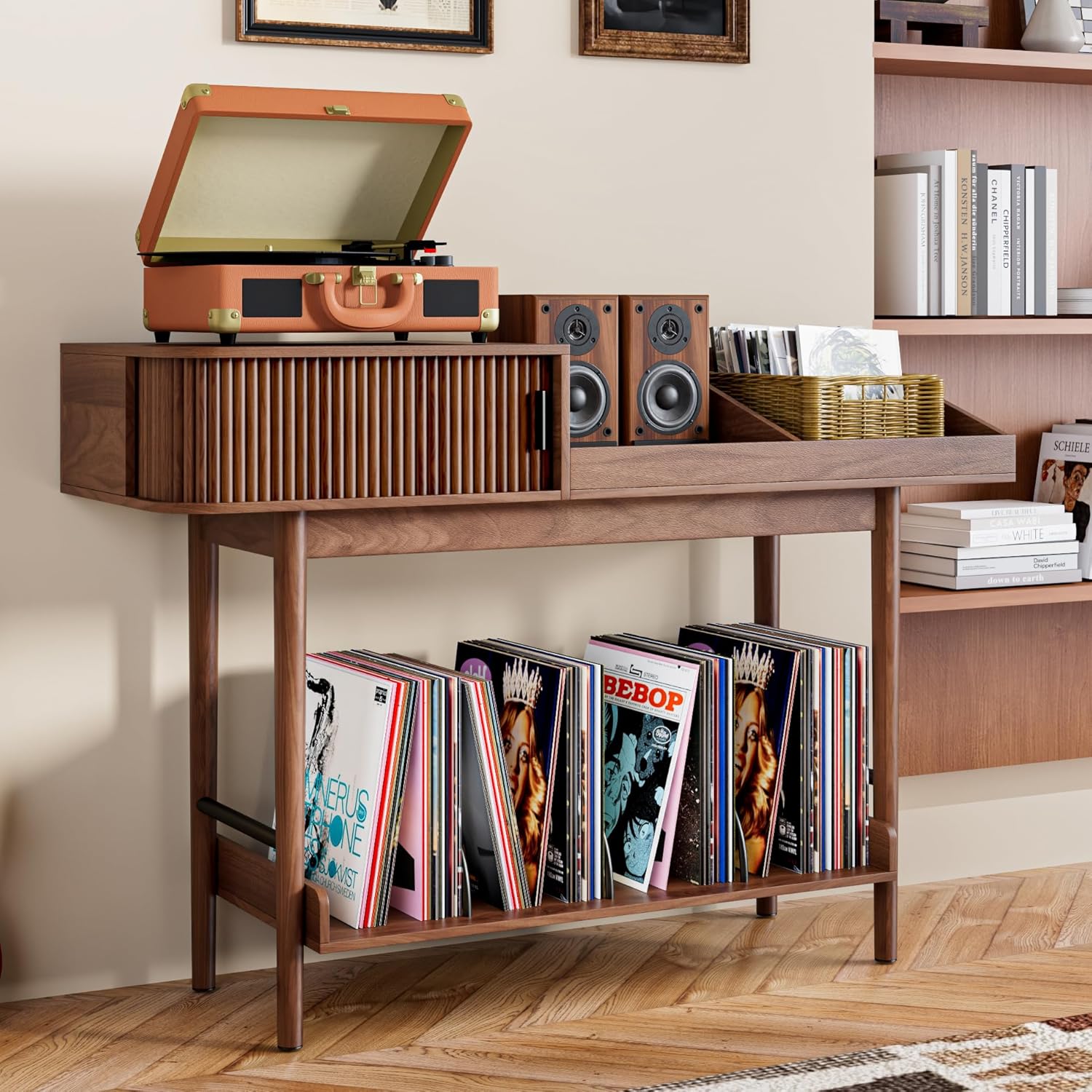 Soporte para tocadiscos moderno de mediados de siglo, almacenamiento de discos de vinilo con puertas corredizas acanaladas, mesa grande para
