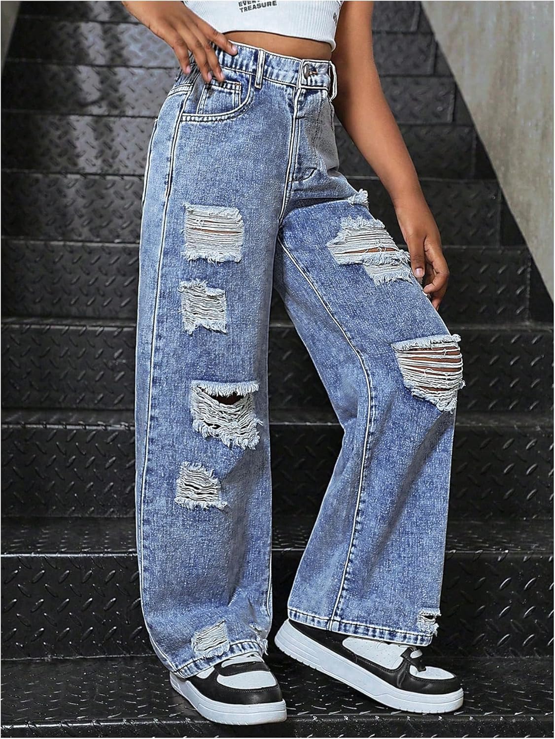 OYOANGLE Girl's High Rise Streetwear Ripped Baggy Jeans Wide Leg Casual Distressed Denim Pants - Image 2
