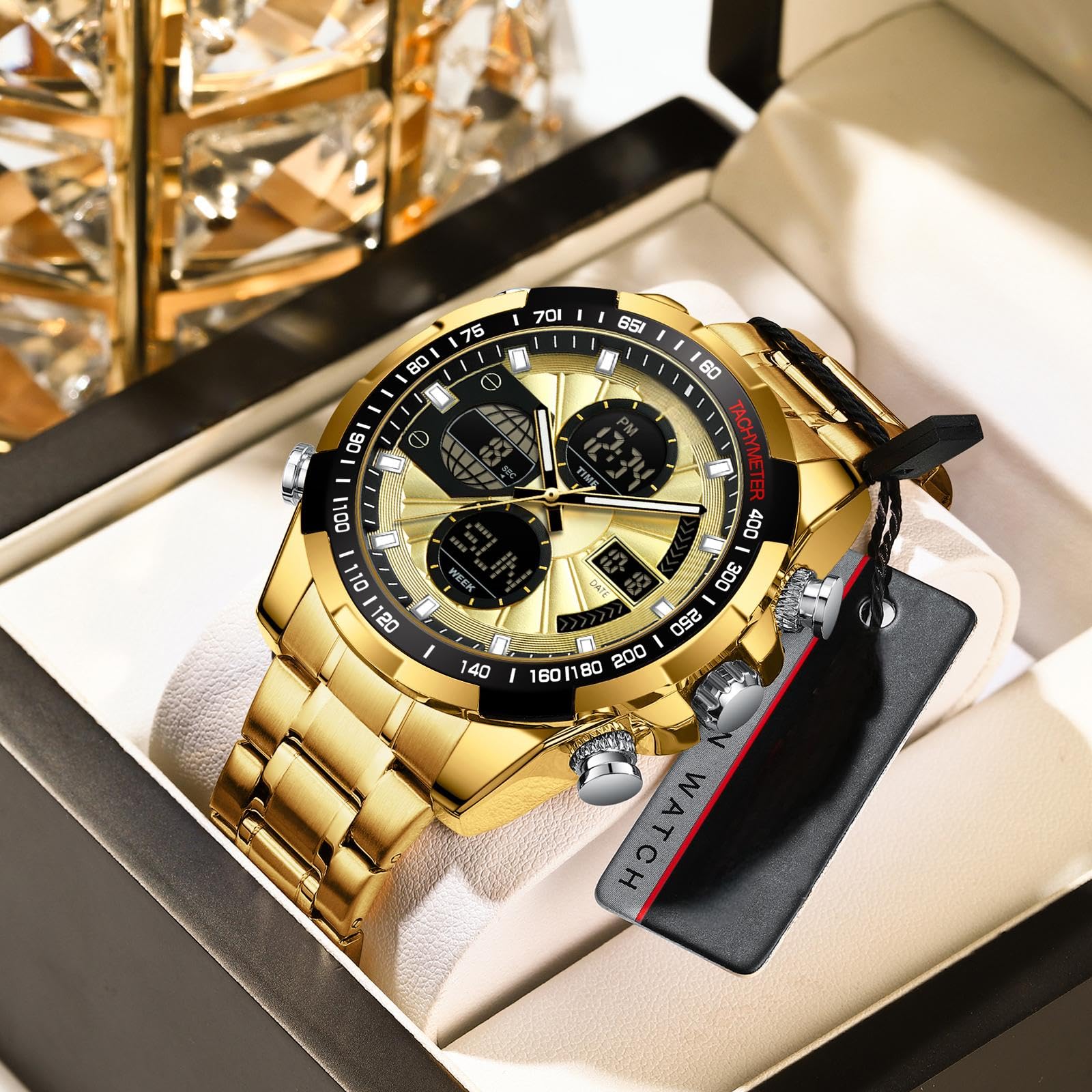 findtime Relojes de lujo para hombre, acero inoxidable, dorado, reloj de pulsera para hombre, con alarma, temporizador, fecha, cronómetro, resistente al agua, 5 ATM, reloj analógico digital para
