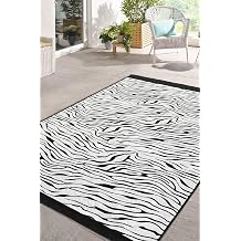 RealHomes Siyah Beyaz Zeminde Zebra Motifli Post Desenli Klasik D  Mekan & Outdoor Kaymaz Taban Sa akl  Hal  HaliDik-Deluxe-12145, 120 x 120