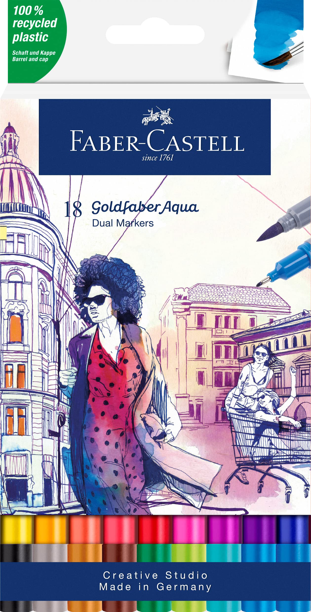 Faber-Castell - Goldfaber Aqua Dual Marker, 18 Farben | Wasservermalbare Dual Marker mit Pinselspitze und Fineliner für Aquarellmalerei und Lettering