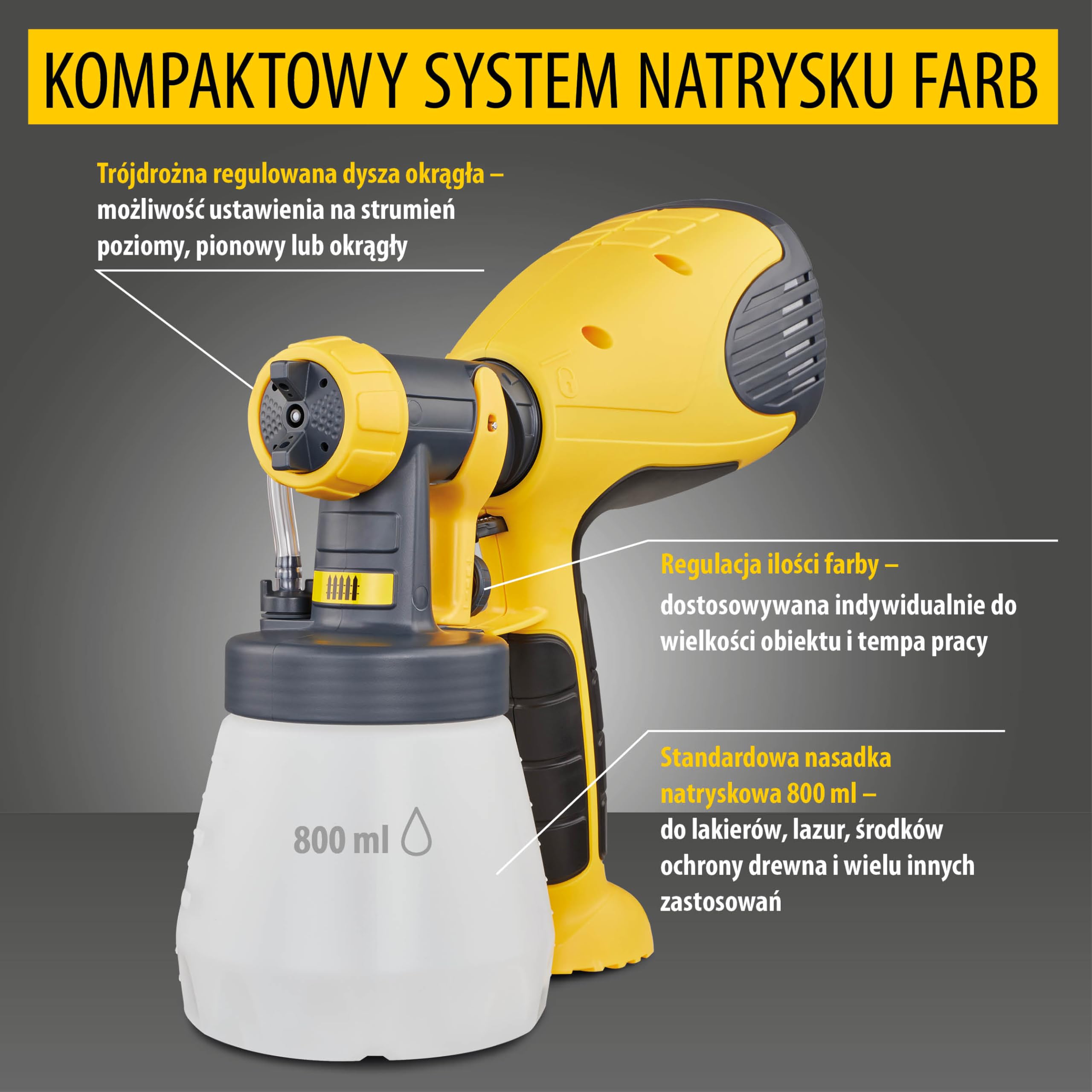 WAGNER spryskiwacz do farby W 100 do lakierów, lazurów w pomieszczeniach i na zewnątrz, 5 m²-12 min, pojemnik 800 ml, 280 W czarno-żółty