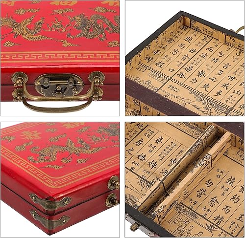 Miniatura 6 de INOOMP Caja china Mahjong con cerradura adornada retro con forro de madera para soporte de mango de juego Mahjong chino