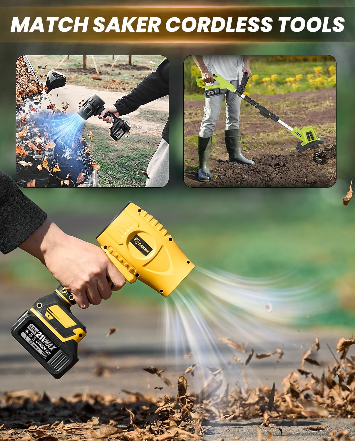 Various Saker cordless tools, including leaf blowers and garden tillers, being used with the Saker 21V MAX 4.0Ah Lithium Ion Battery in outdoor settings.