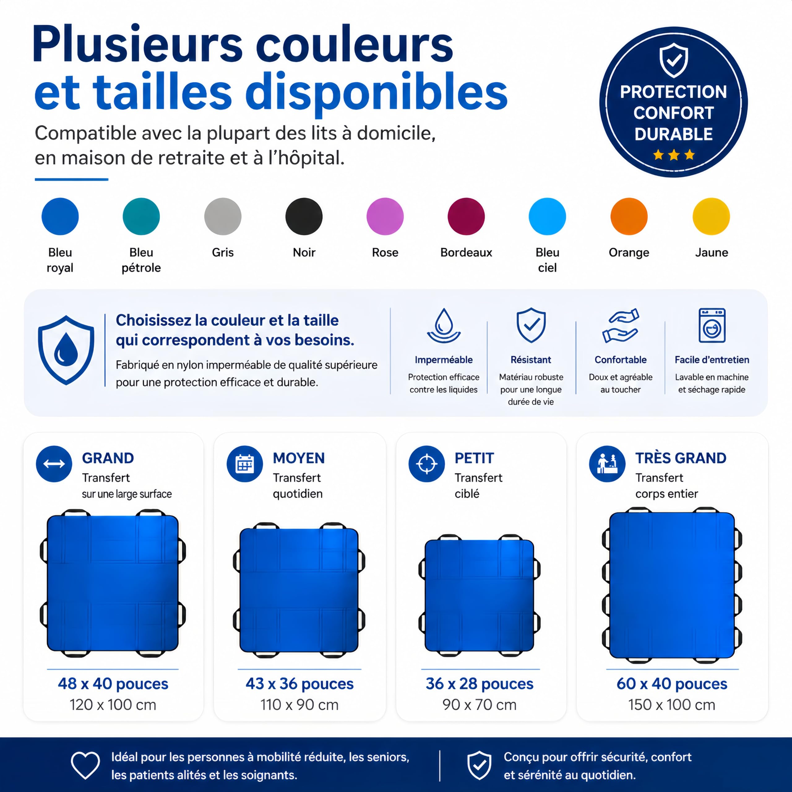 Drap de Positionnement 3 Couches (120x100 cm) avec 8 Poignées – Aide au Transfert pour Personnes Âgées et Handicapées, Alèse de Glisse Imperméable, Lavable, Charge Max. 220 kg