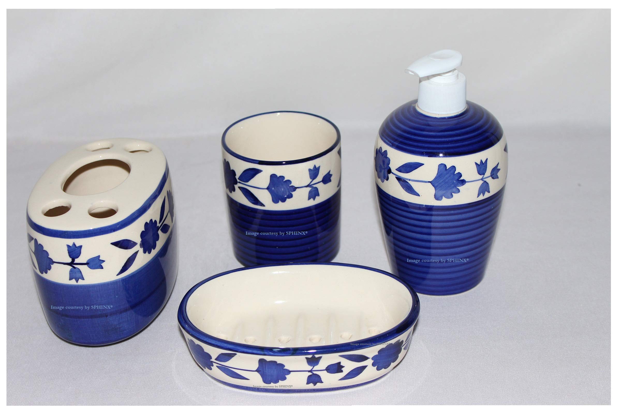 SPHINX Ceramic Stoneware Blue Pottery Bathroom Accessory Set - 4 items (Soap dispenser, soap dish, toothbrush and comb holders)