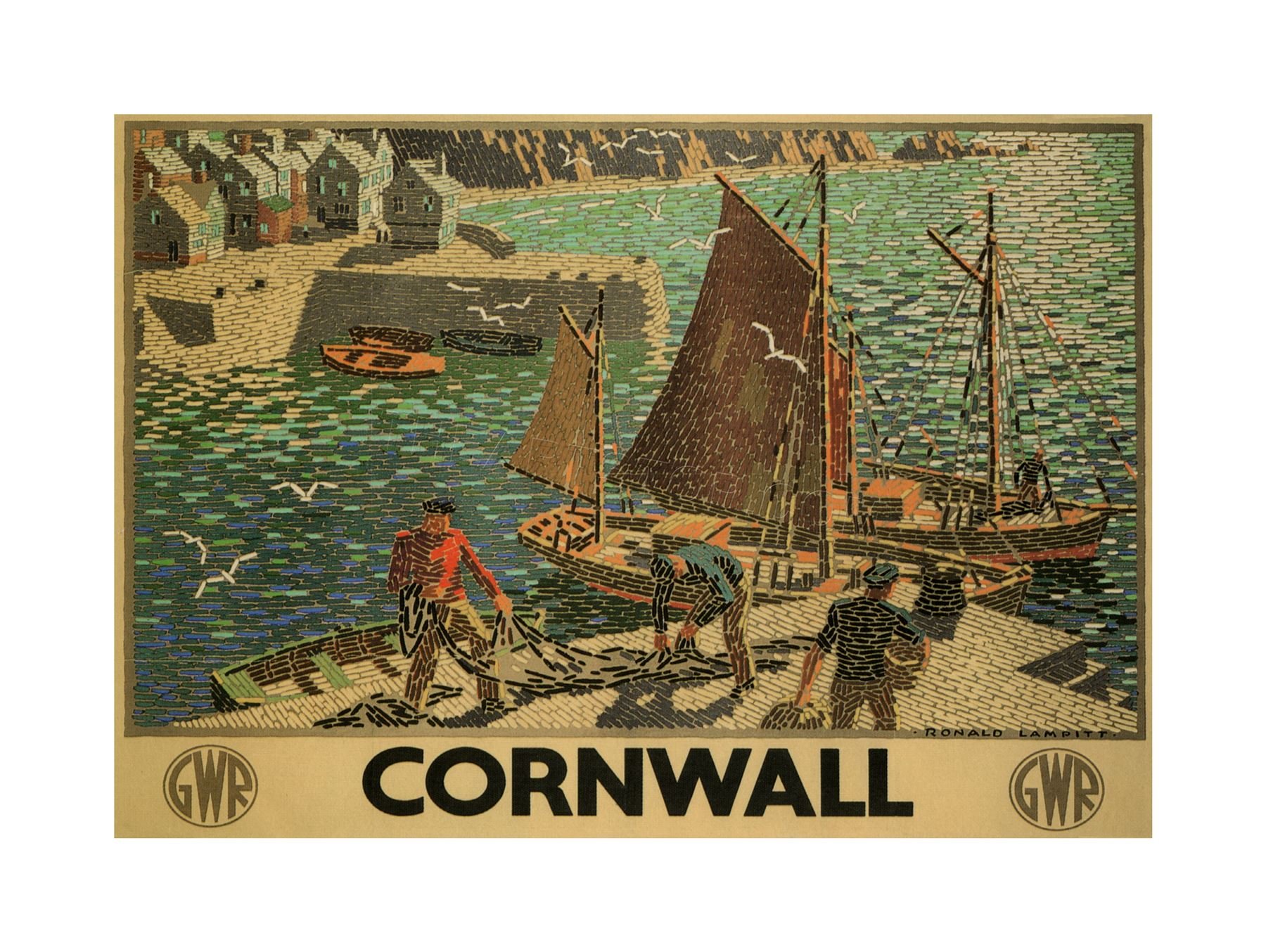 Wee Blue Coo Travel Cornwall UK Fishing Boat Gull Sea Train Railway Wall Art Print