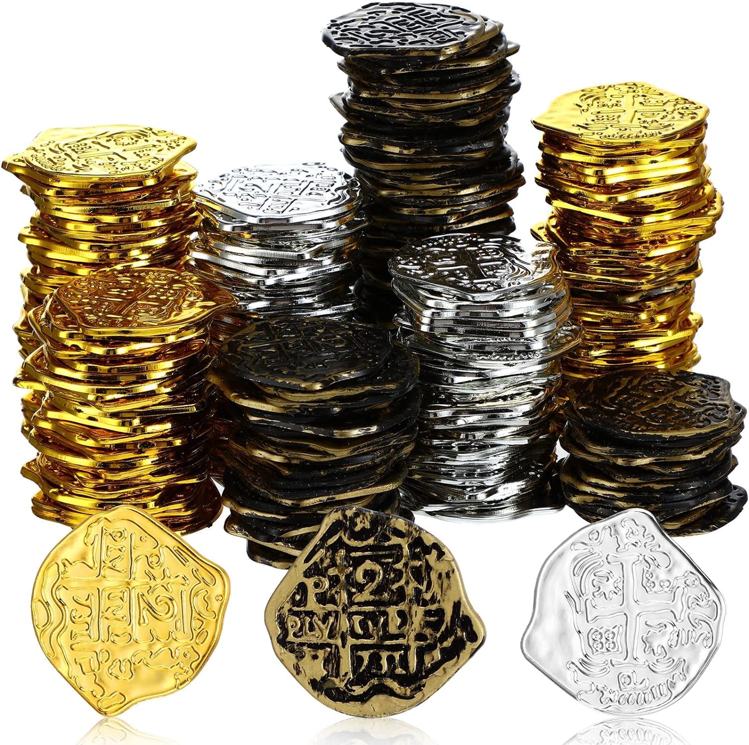 300 Pcs Pirate Gold Coins, Plastic Doubloon Bulk Kids Fake Play, For Party Treasure Chest Games Tokens Toys, Box Filler, Party Bag Stuffers Or Stage Performance Props, Gold, Silver, Bronze (Irregular)
