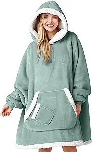 Giggling Getup Wearable Blanket Hoodie for Women Men Gifts for Women Mom Wife Sherpa Fleece Hooded Blanket Sweatshirt Cozy Sherpa Wearable Throw with Pocket & Sleeves for Adult Standard Sage Green