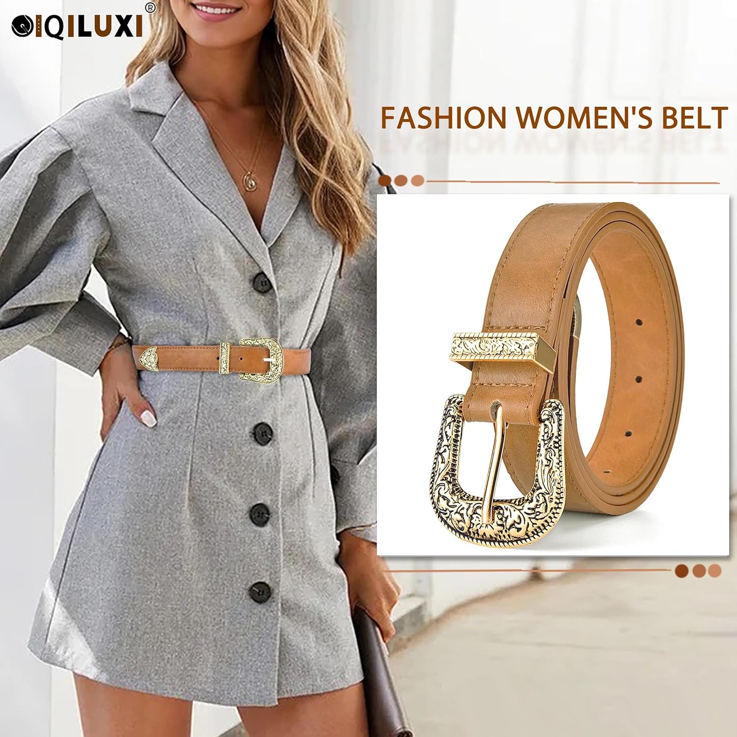 Western Cowboy Cowgirl Belt for Women, Engraved Buckle PU Leather Belt for Jeans Dresses, 1.1" Wide, 27-48" - Image 4