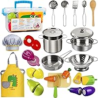 Sundaymot Kids Play Kitchen Set: Wooden Cutting Food, Stainless Steel Pots Pans Utensils, Apron Chef Hat - Pretend Cooking Playset for Toddlers