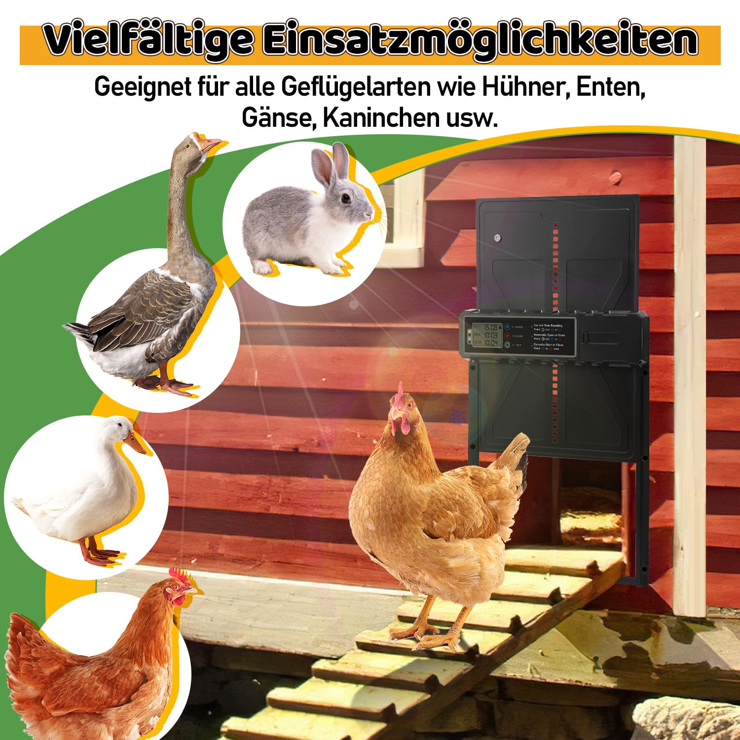 Hühnerklappe Automatisch Solar, Aluminum Elektrische Hühnerklappe Hühnertür mit Wasserdicht Großes LCD Display, Timer und Fernbedienung, Einklemmschutz