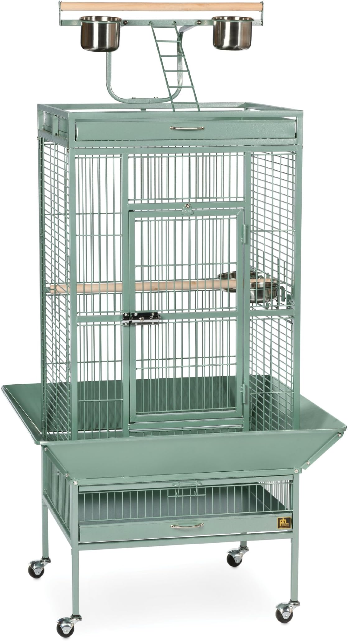 Wrought Iron Select Bird Cage - Large Steel Cage with Rolling Stand, Seed Guards, and Playtop, Durable Design, Ideal for Conures and Medium Birds - Sage Green