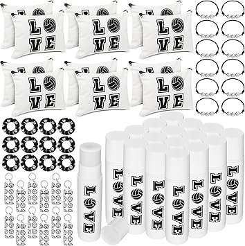60 Pcs Volleyball Gifts Volleyball Party Favors Volleyball 12 Cosmetic Makeup Bags 12 Hair Scrunchies 12 Charm Bracelet 12 Lip Balm 12 Volleyball Lipstick Holder Keychain for Team Gifts