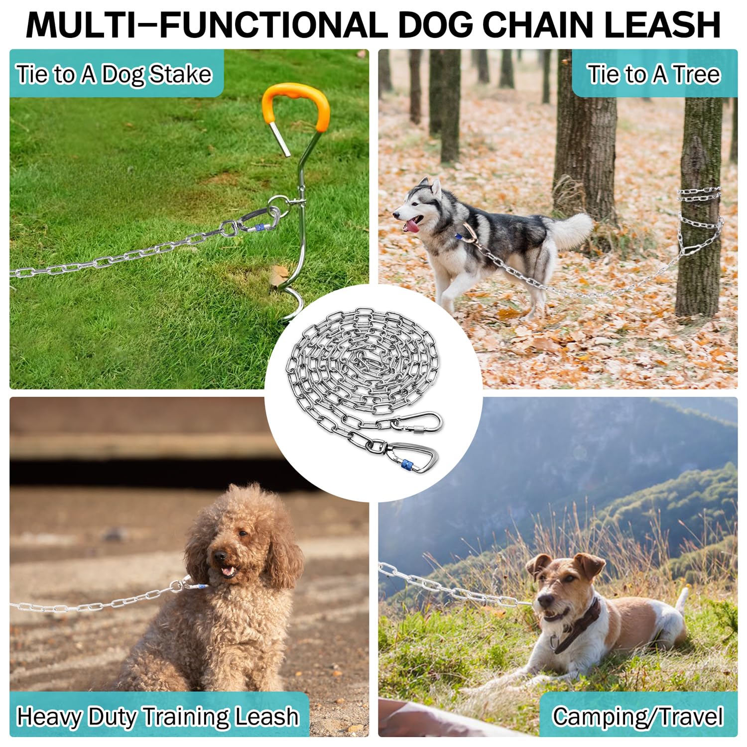 Chaîne robuste pour chien de jardin - 3 m - En métal - Résistante à la mastication - Longue laisse pour l'extérieur avec crochet pivotant solide - Coureur d'extérieur pour le camping - Câble d'attache