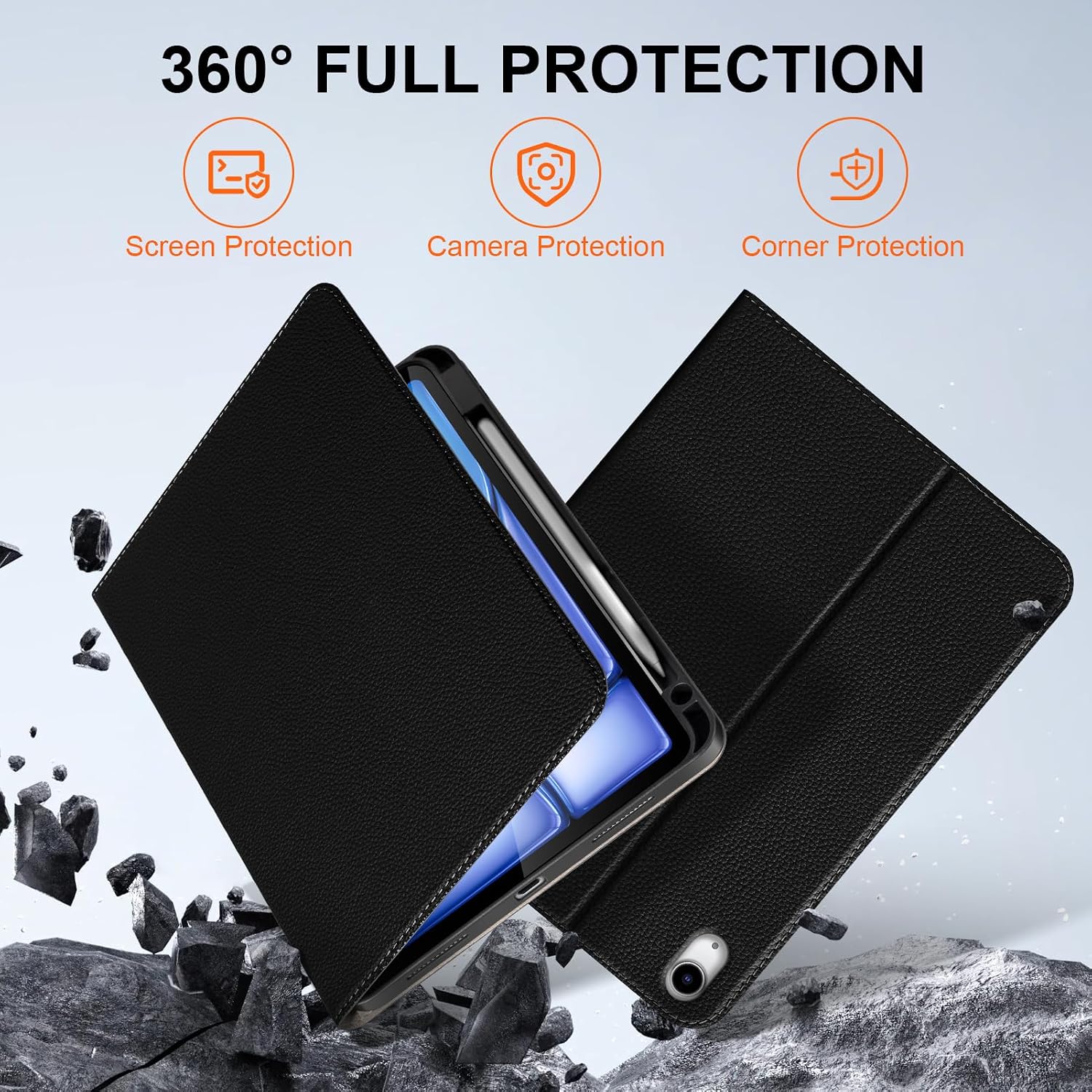 Leather Case for iPad Air 11" M4/M3/M2 (2026/2025/2024) & 10.9" 5th/4th Gen (2020/2022) | with Pencil Holder | Auto Wake/Sleep | Protective Shockproof Cover | Adjustable Stand | Black