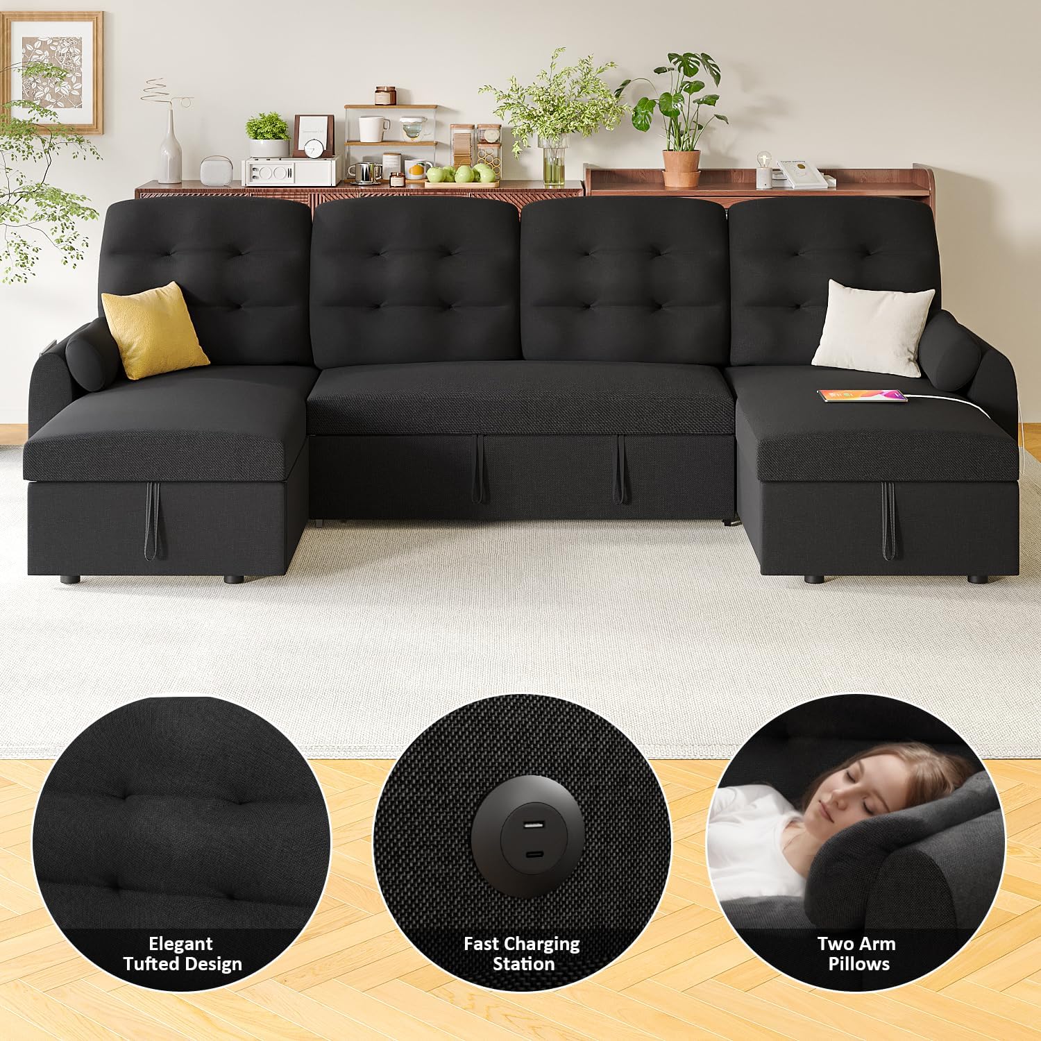 Ucloveria Sleeper Sofa Bed showing USB charging ports and side pockets