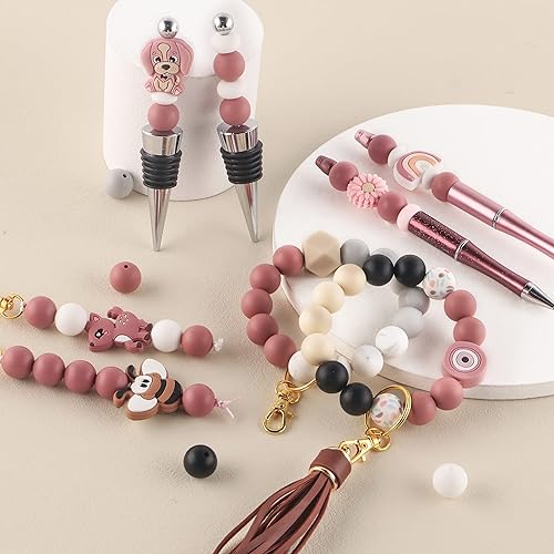 Miniatura 10 de Sunrony 70 cuentas de silicona, cuentas de silicona de 0.59 pulgadas para hacer llaveros, cuentas focales de silicona sueltas de goma para kit de