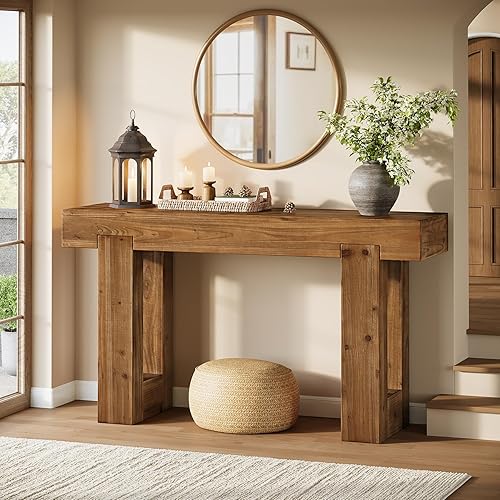 Solid Wood Console Table, 55-Inch Farmhouse Sofa Table Behind The Couch, Rectangle Entryway Furniture Accent Console with Double Base for Entrance,