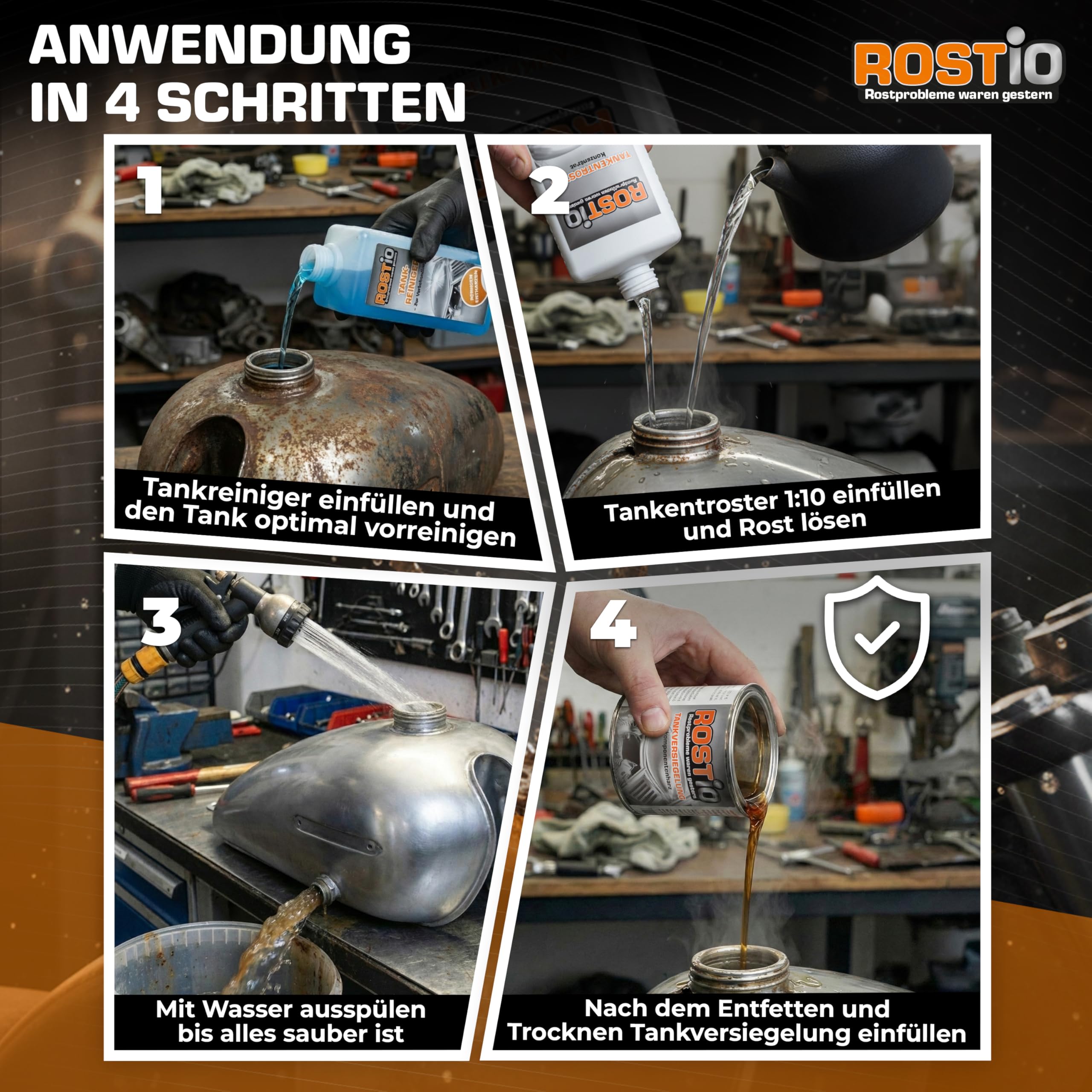 Rostio Tankentroster-Set 2L – inkl. 500ml Tankreiniger & 250ml Tankversiegelung – Mischverhältnis 1:10 (20 L Lösung) – Tanks bis 20L – Rostentferner & Korrosionsschutz – ethanolfeste Versiegelung
