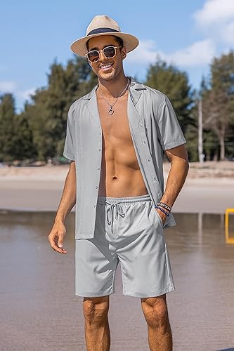 Miniatura 8 de COOFANDY Conjunto corto de 2 piezas para hombre camisa cubana con botones casual pantalones cortos de playa