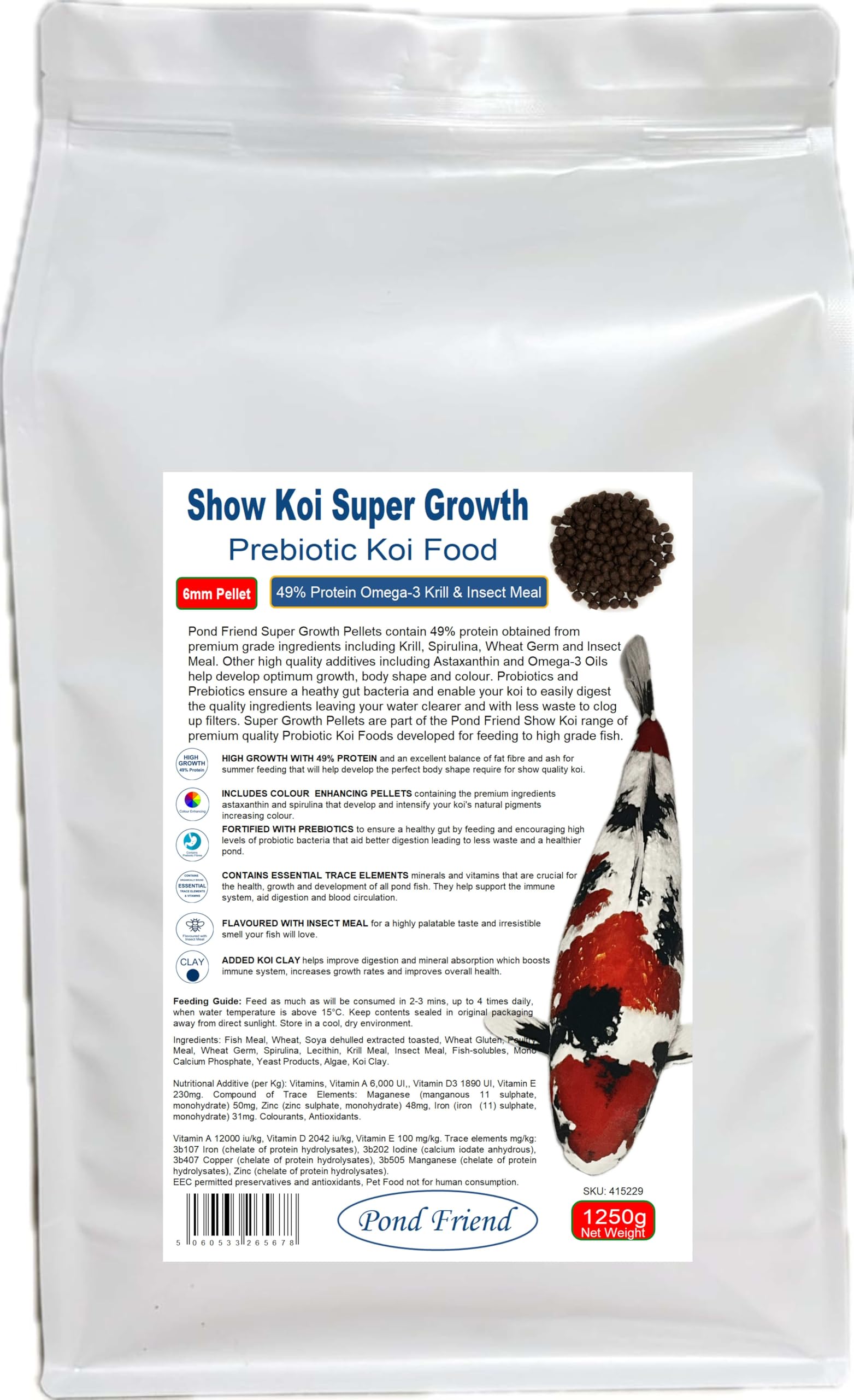Pond Friend Show Koi Super Growth Pond Pellets 1250g 6mm High Protein 49% Floating Fish Food Fortified With Prebiotics That Feed Probiotic Bacteria Aiding Digestion & Immune System Health