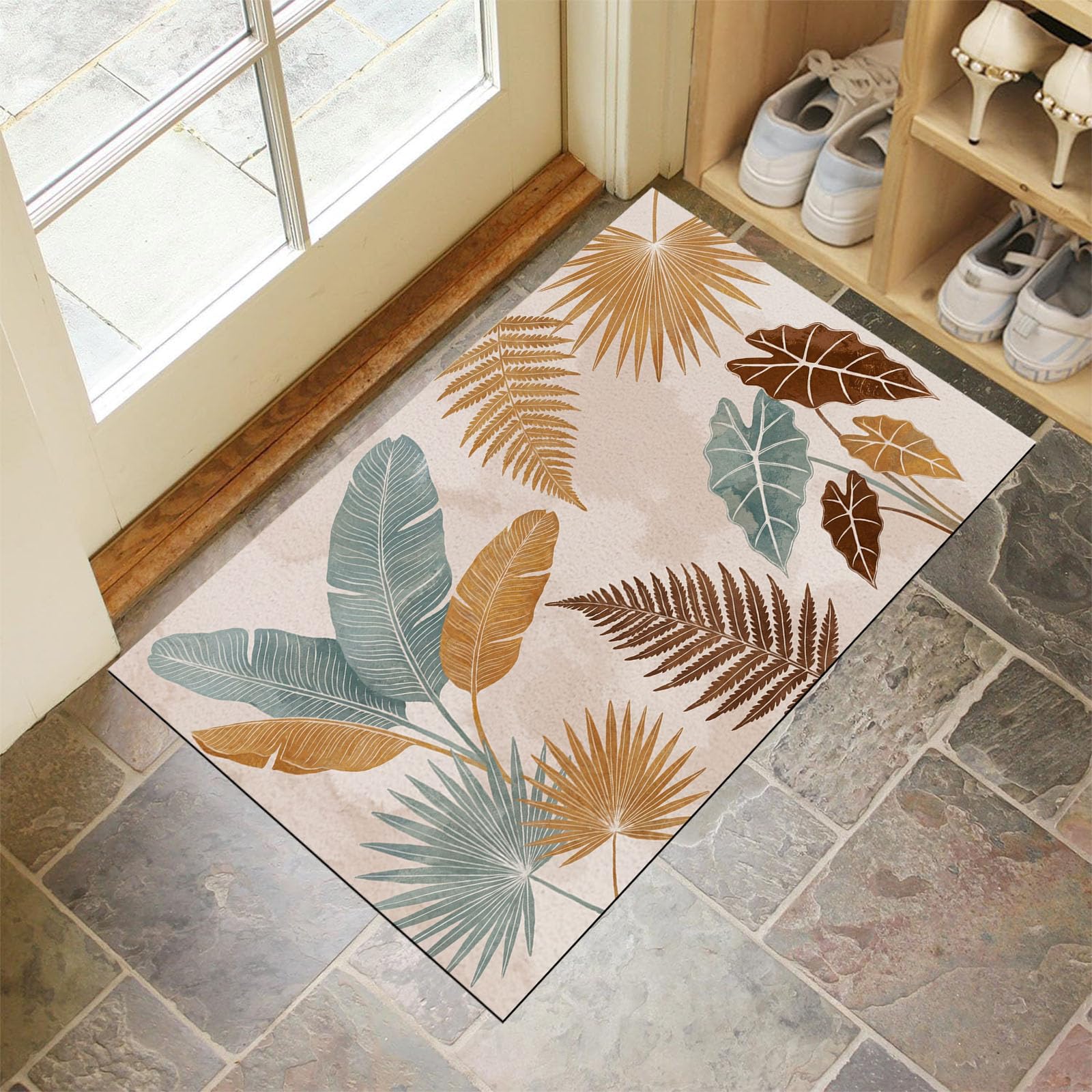 Zerbino Ingresso Interno Foglie Boeme, Zerbino Di Benvenuto Lavabile Morbida Piante Tropicali Semplici, Antiscivolo Tappeto Da Decorazioni Beige Per Casa Porta, 60X90Cm