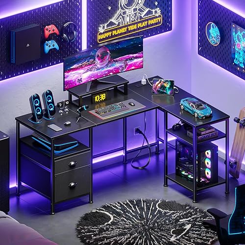 Miniatura 2 de Furologee Escritorio para computadora en forma de L con toma de corriente, escritorio reversible de oficina en casa para estudio de trabajo, mesa de