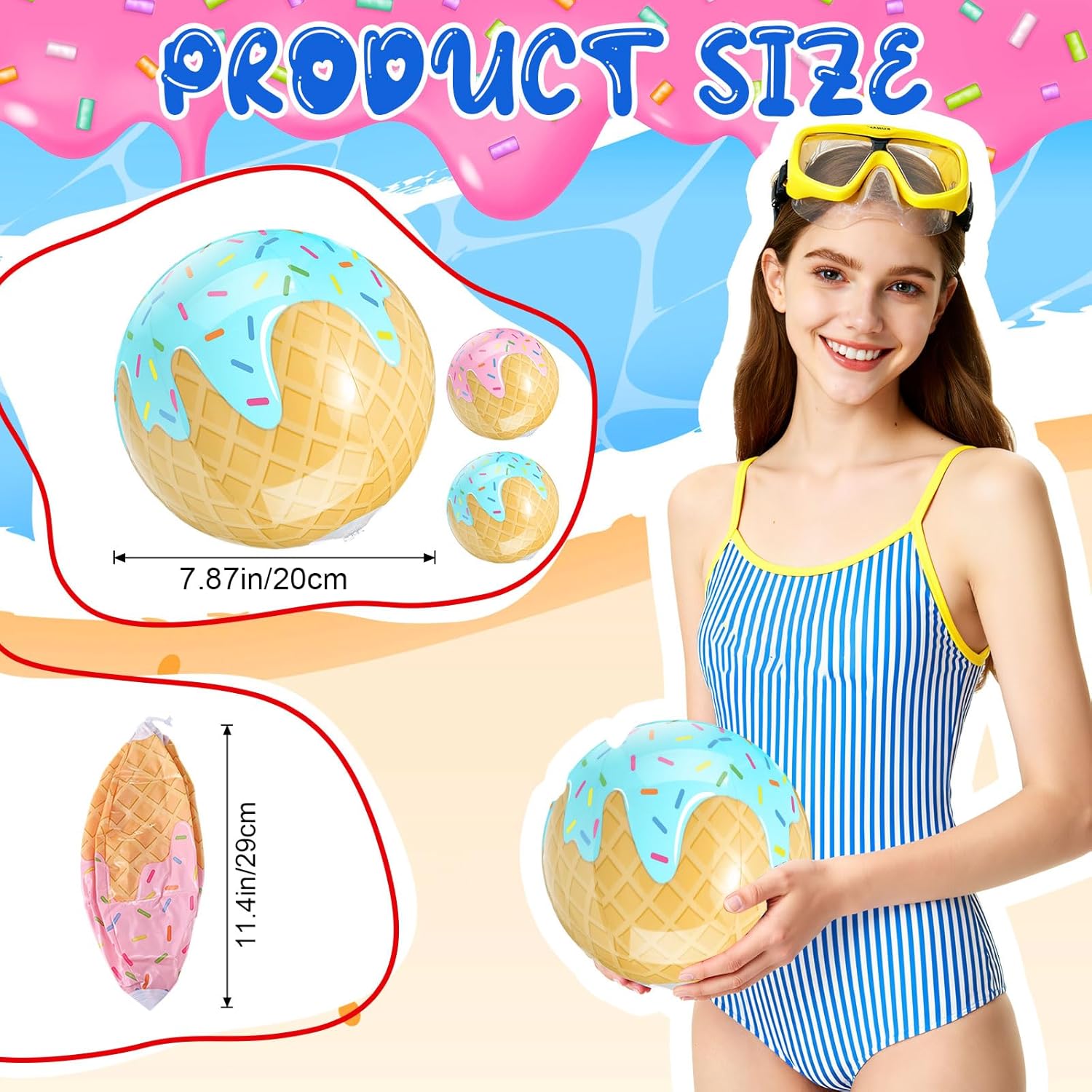 Arrowbash 12 Pack Ice Cream Themed Beach Ball 7.87" Bulk for Summer Pool and Beach Game Gifts and Birthday Party Supplies Decorations Favor