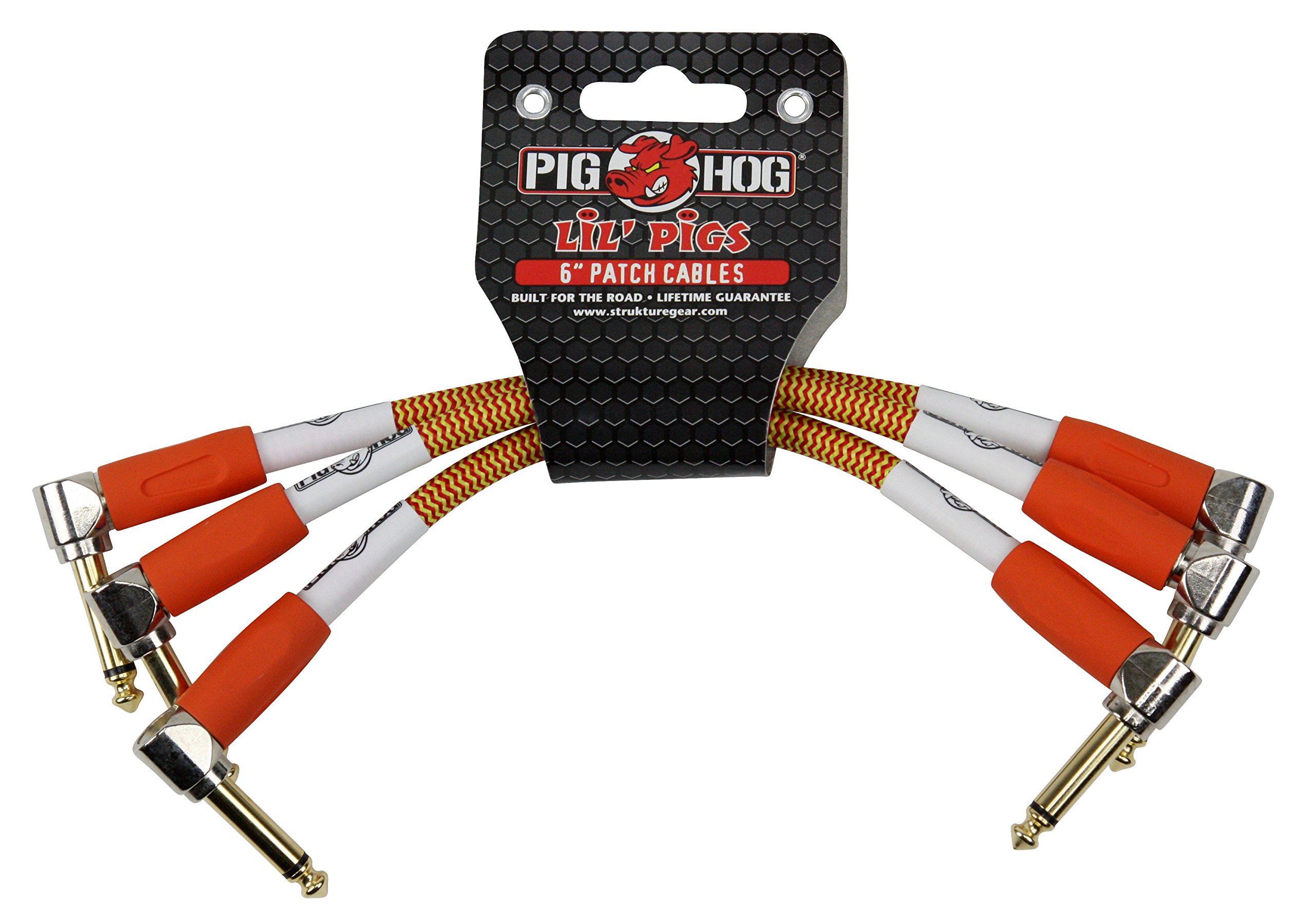 Pig Hog PHLIL6CC Lil' Pigs Right-Angle 1/4" Vintage Orange Cream Instrument Patch Cables, 6" (3 Pack)