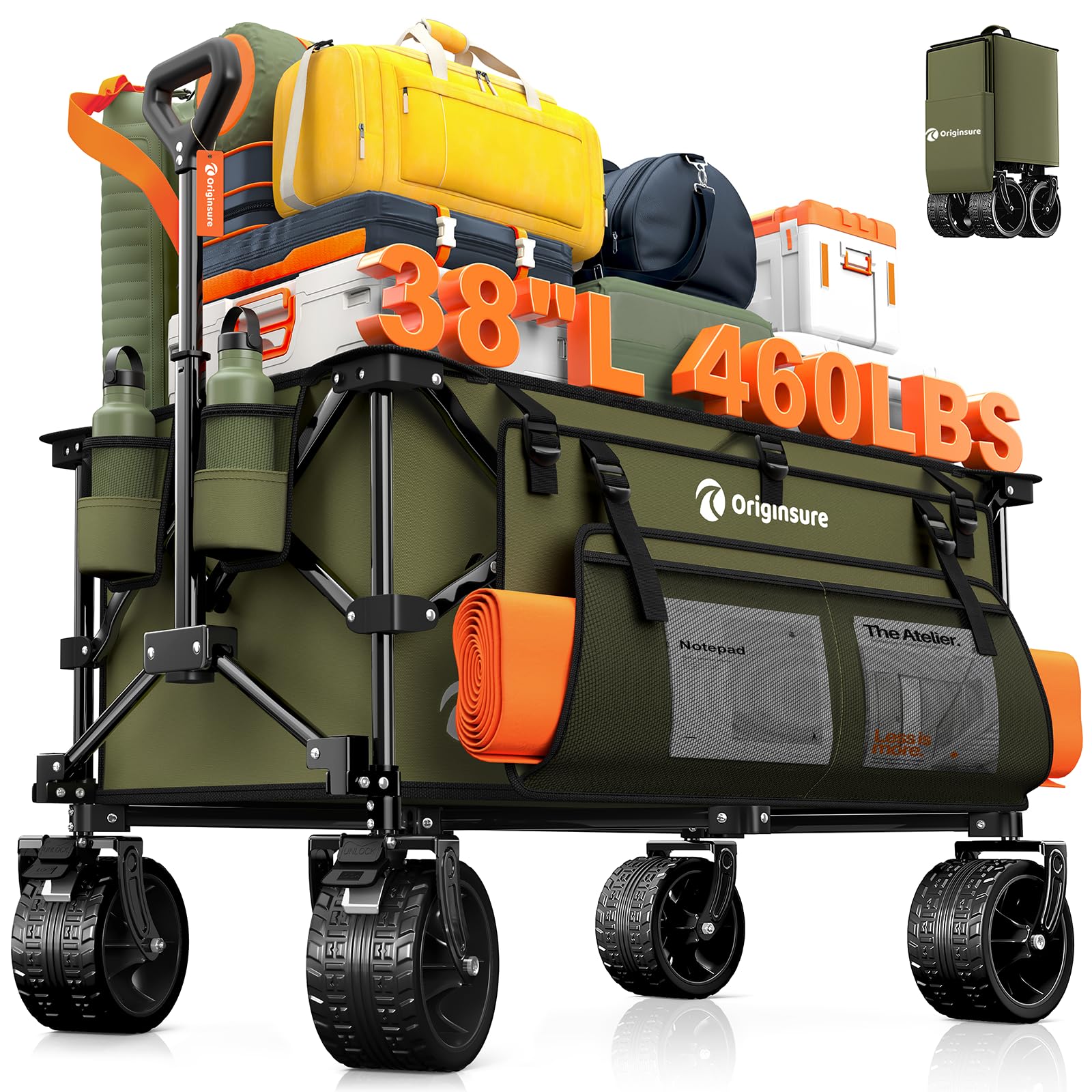 Originsure 220L Collapsible Wagon Cart Foldable, 460lbs Load Capacity Heavy Duty Folding Beach Wagons with Big All-Terrain Wheels, Utility Carts for