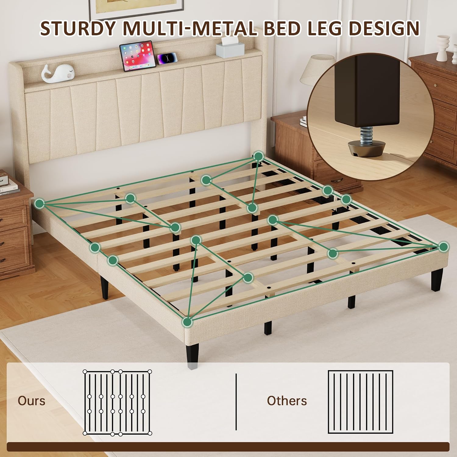 King Size Bed Frame with Headboard, Platform Bed with Upholstered Wingback Storage Headboard, Slats Support, No Box Spring Needed Beige