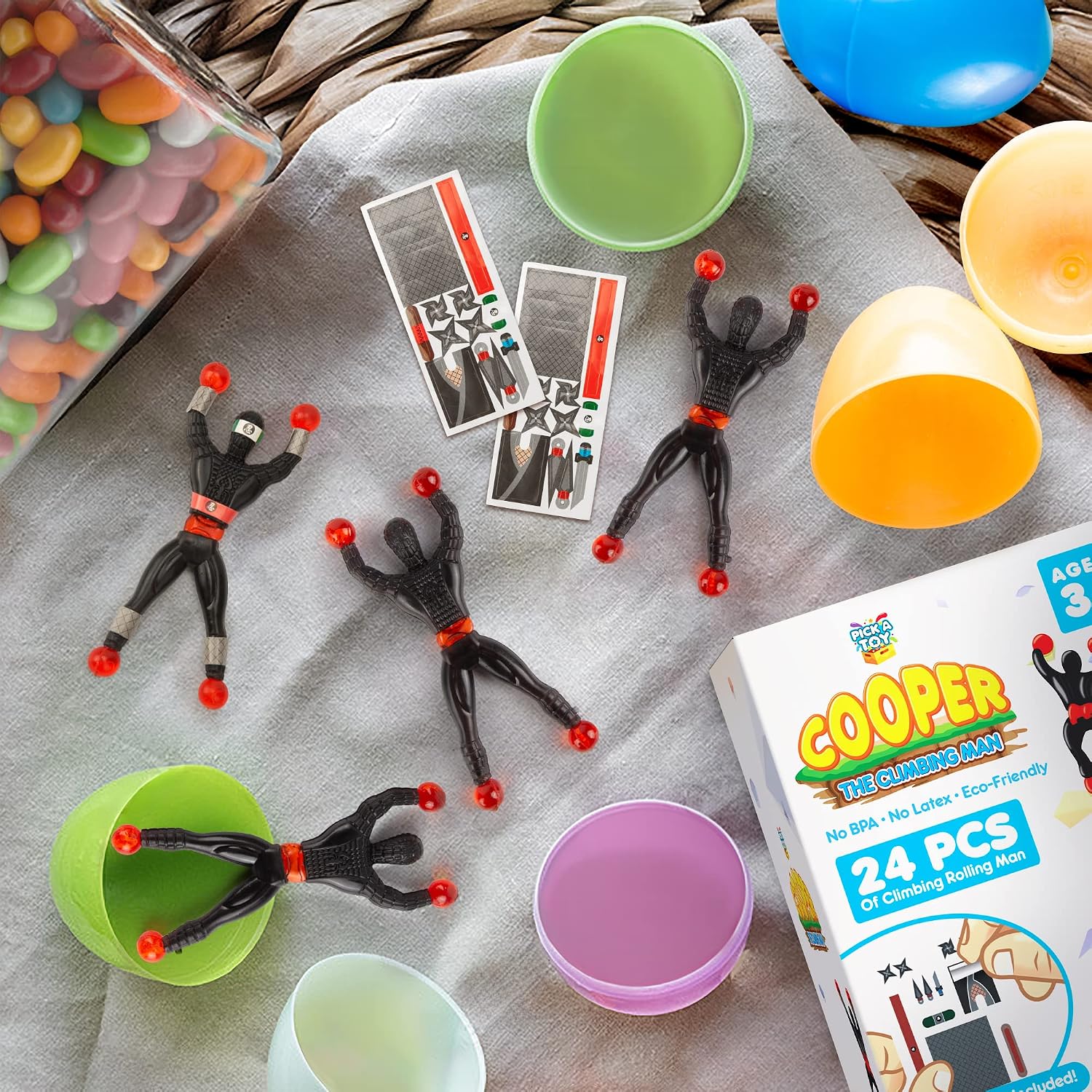 24 Sticky Wall Climbing Black Ninjas with DIY Costume Stickers – Stretchy Window Crawlers, Mini Toys, Birthday Goodie Bag, for Kids Ages 3-12