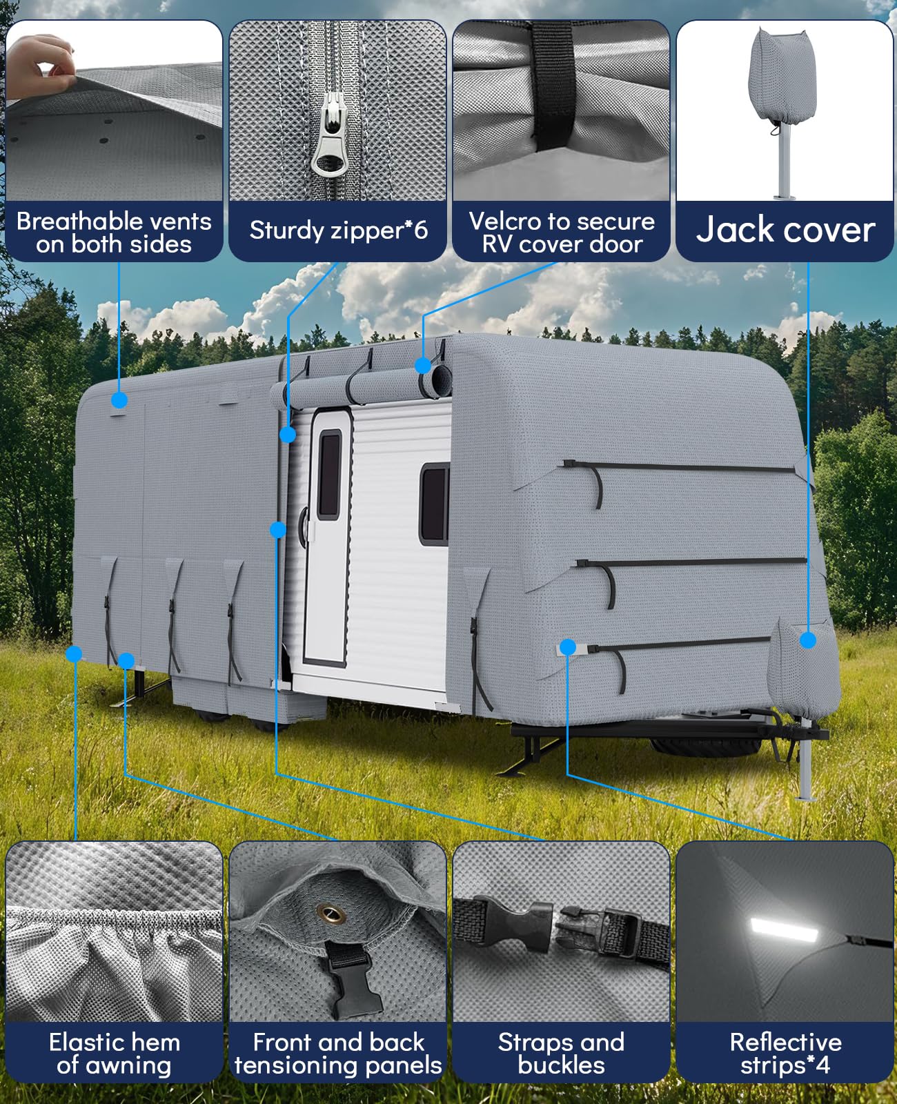 Hochwertige Wohnwagen-Abdeckung 27-30FT wasserdicht – Wohnwagen Schutzhülle aus 160g Vliesstoff, wetterfeste Abdeckplane für Caravan, UV-beständig & atmungsaktiv, Wohnmobil Abdeckung grau