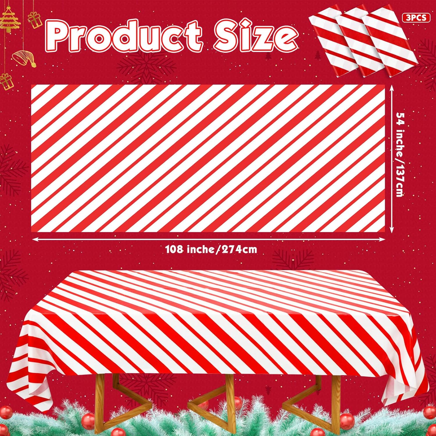frienda red and white striped tablecloth, 108 x 54 inch candy cane striped disposable table runner, rectangle waterproof plastic table cover for holiday party picnic decoration(3 pack)