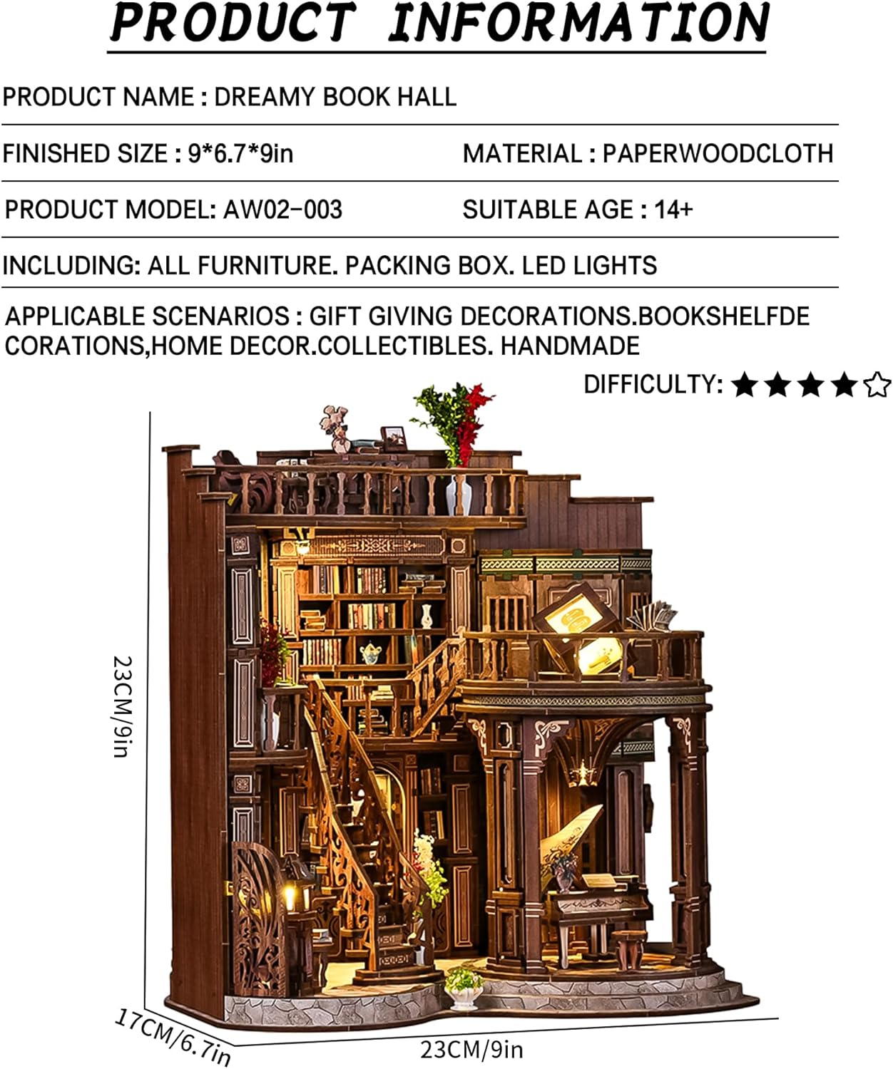 DIY Miniature House Kit, Book Nook kit Dreamy Book Hall 3D Wooden Puzzle with LED Lights, House Building Kit for Home Decoration and Creative Gift for Women Men Friends(Dreamy Book Hall)
