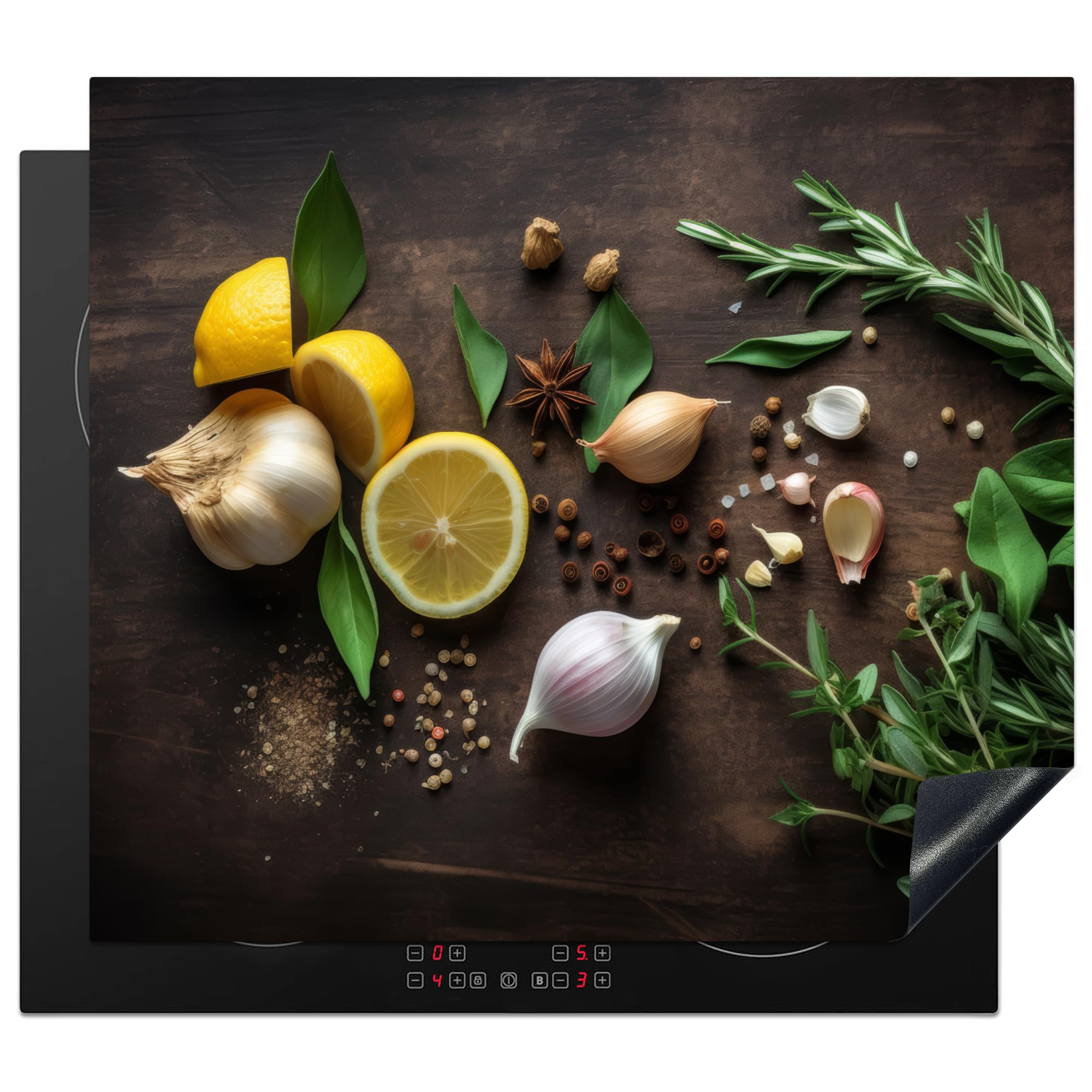 KitchenYeah© Induction Hob Protector Mat 20.3"x22.7" / 57.6x51.6 cm Stove Cap Top Cover Kitchen Cooker Covers for Electric Hobs Vinyl Herbs - Lemon - Fruit - Wood Print