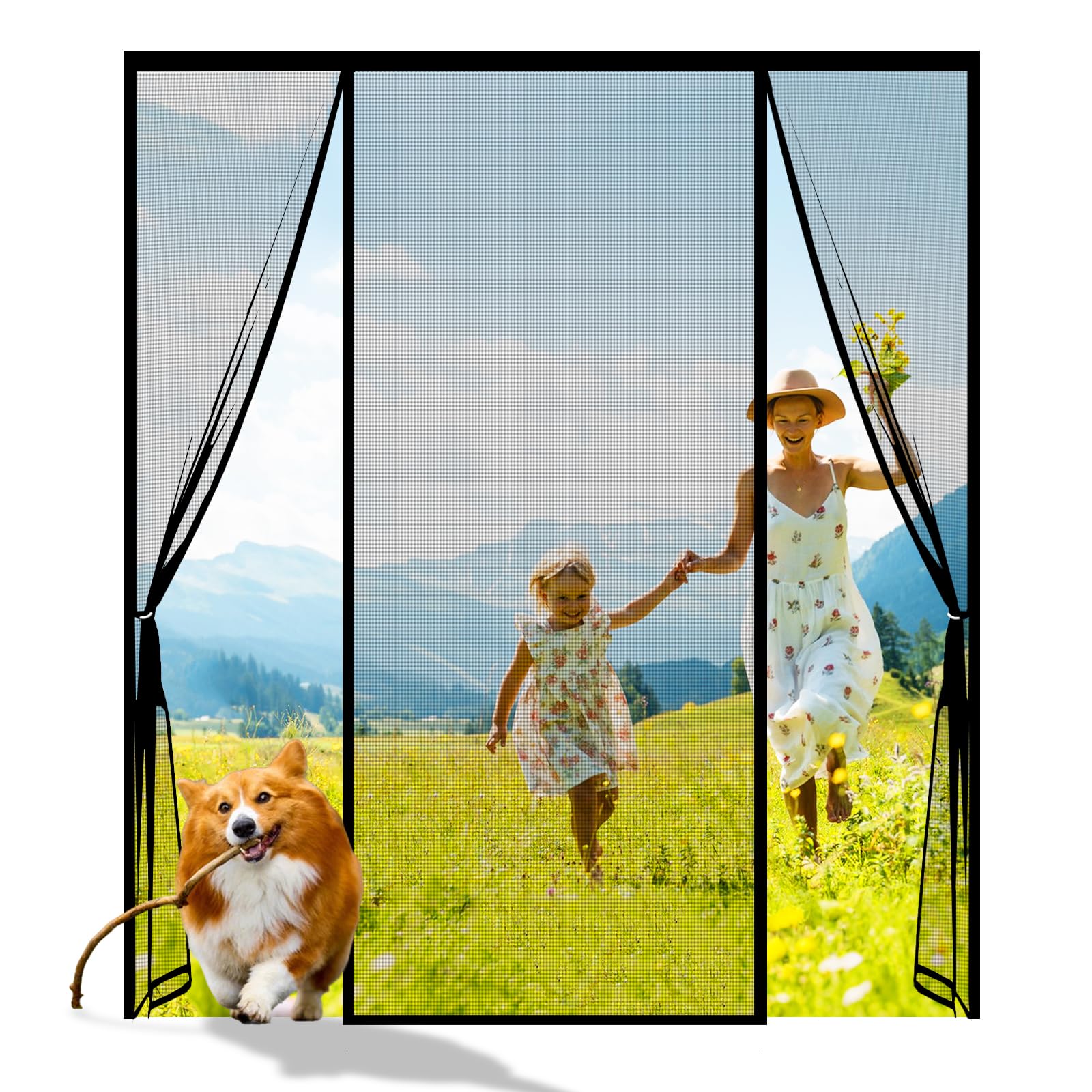 Customised Magnetic Fly Screen Door, Double Door Screen Curtain for Sliding Anti Mosquito Mesh Fly Curtain, Heavy Duty Bug Mesh Curtain, Install Without Drilling, Lets Fresh Air in