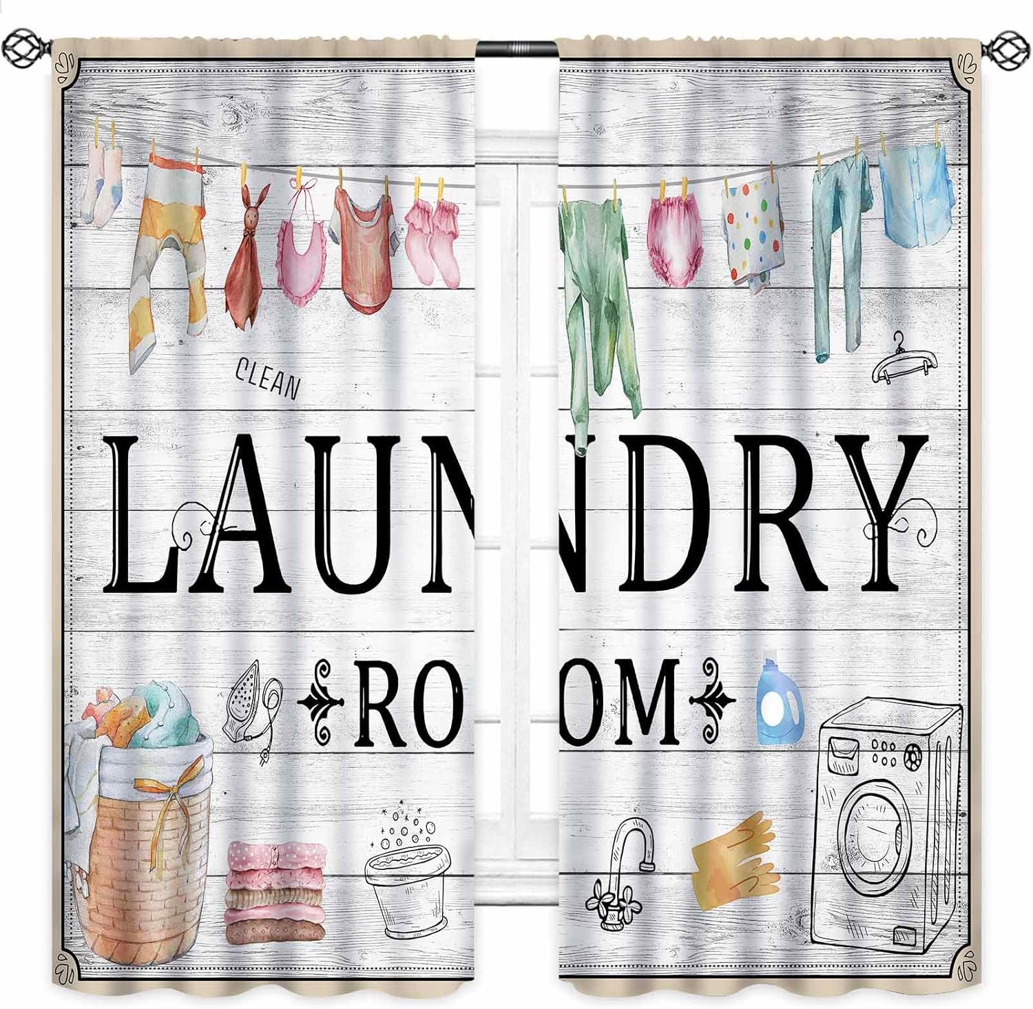 Laundry Room Curtains for Windows,Vintage Farmhouse Rustic Watercolor Hanging Clothes Laundry Drapes for Country Bedroom Living Room Windows Treatment 2 Panel,63X63 Inch