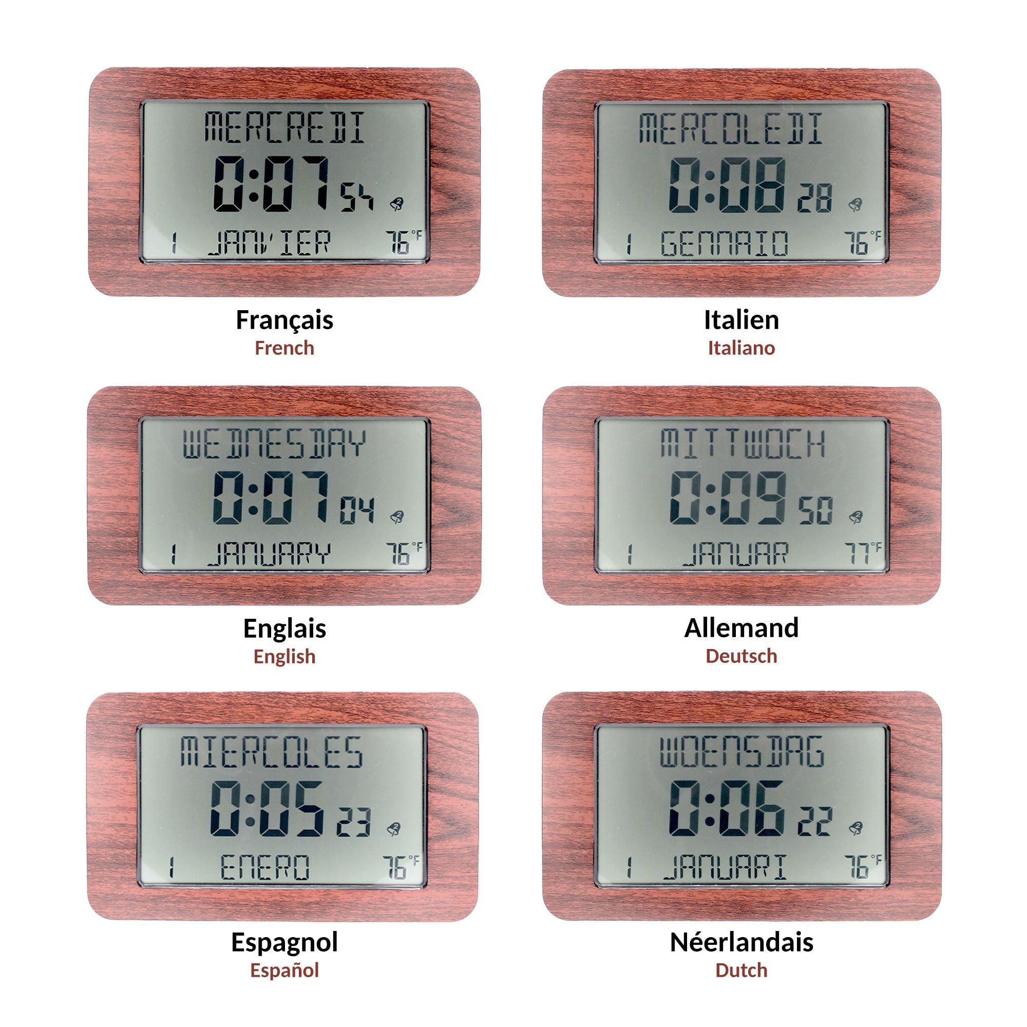 FISHTEC Horloge Réveil Numérique Murale Radiopilotée Grands Chiffres 6 Langues 2 Alarmes Température