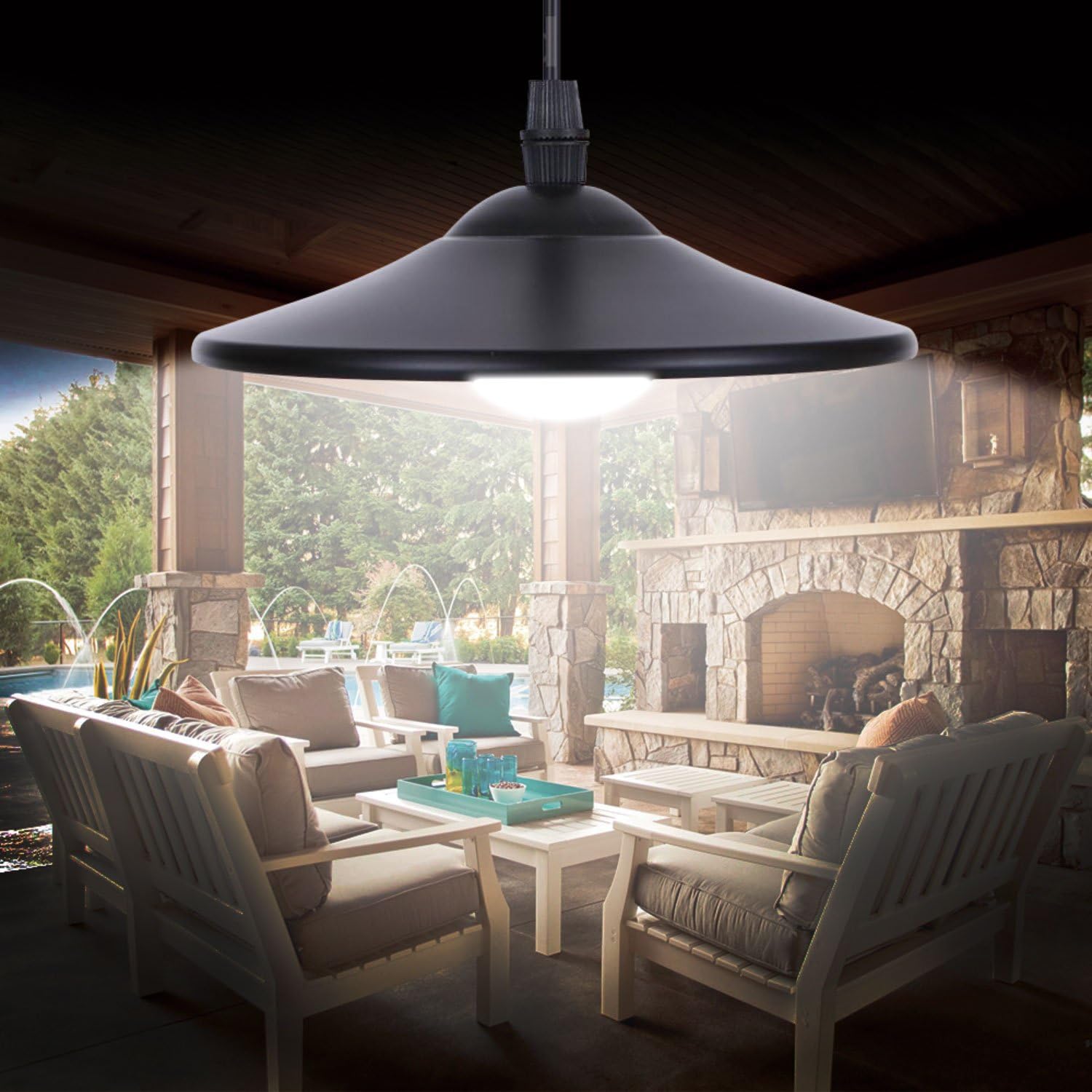 Solar Powered Hanging Shed Light Pendant Light Lamp Day White with Remote Control and Pull Cord for Indoor Outdoor Sheds Garages Pergolas Use