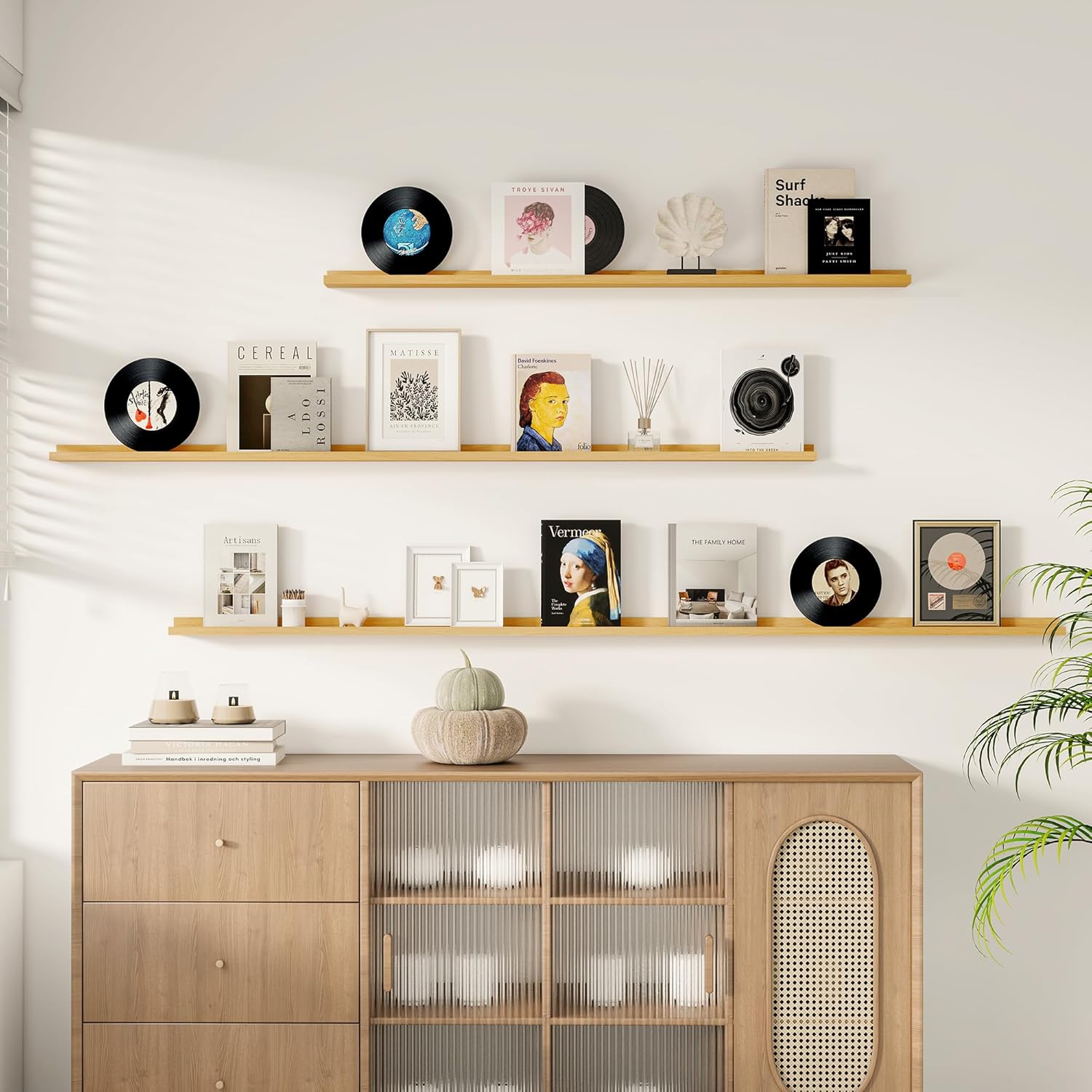 floating picture ledge shelves for wall set of 2, 84 inches picture ledge shelf with long large nursery book shelf for toys storage kids bookshelf wall mounted living room bedroom decor frames, oak picture ledge shelves,natural oak 2 84in