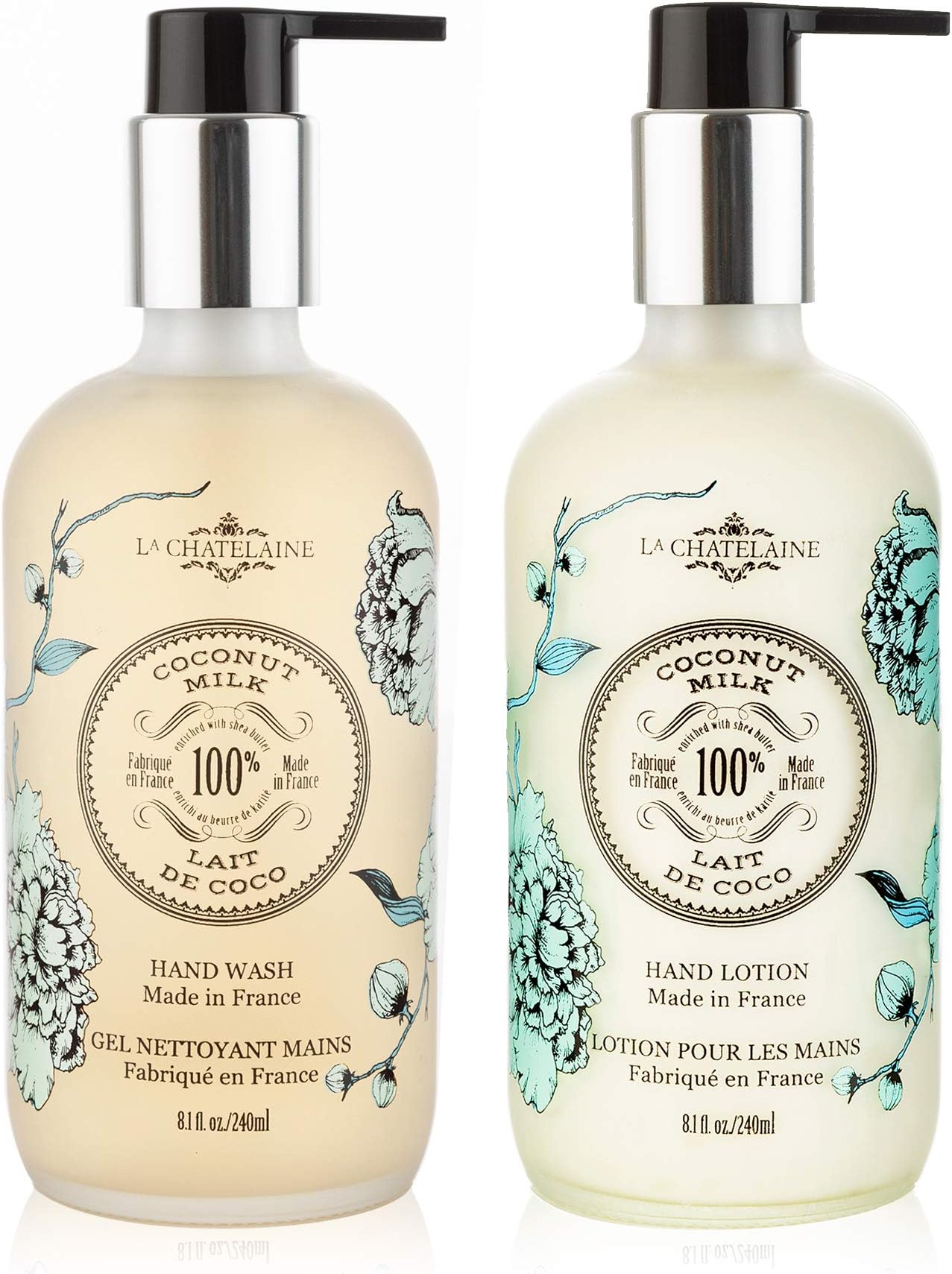Hand Wash & Lotion Set | Sulfate Free | Frosted Glass Bottles | Nourishing Shea Butter Formula | Natural and Organic | Made in France | 2 x 8.1 oz. (Coconut Milk)