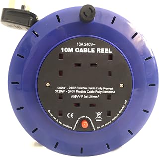 Reel Extension Lead 10m Easy Wind Compact Cable Cassette Reel Blue/Black 4 Socket